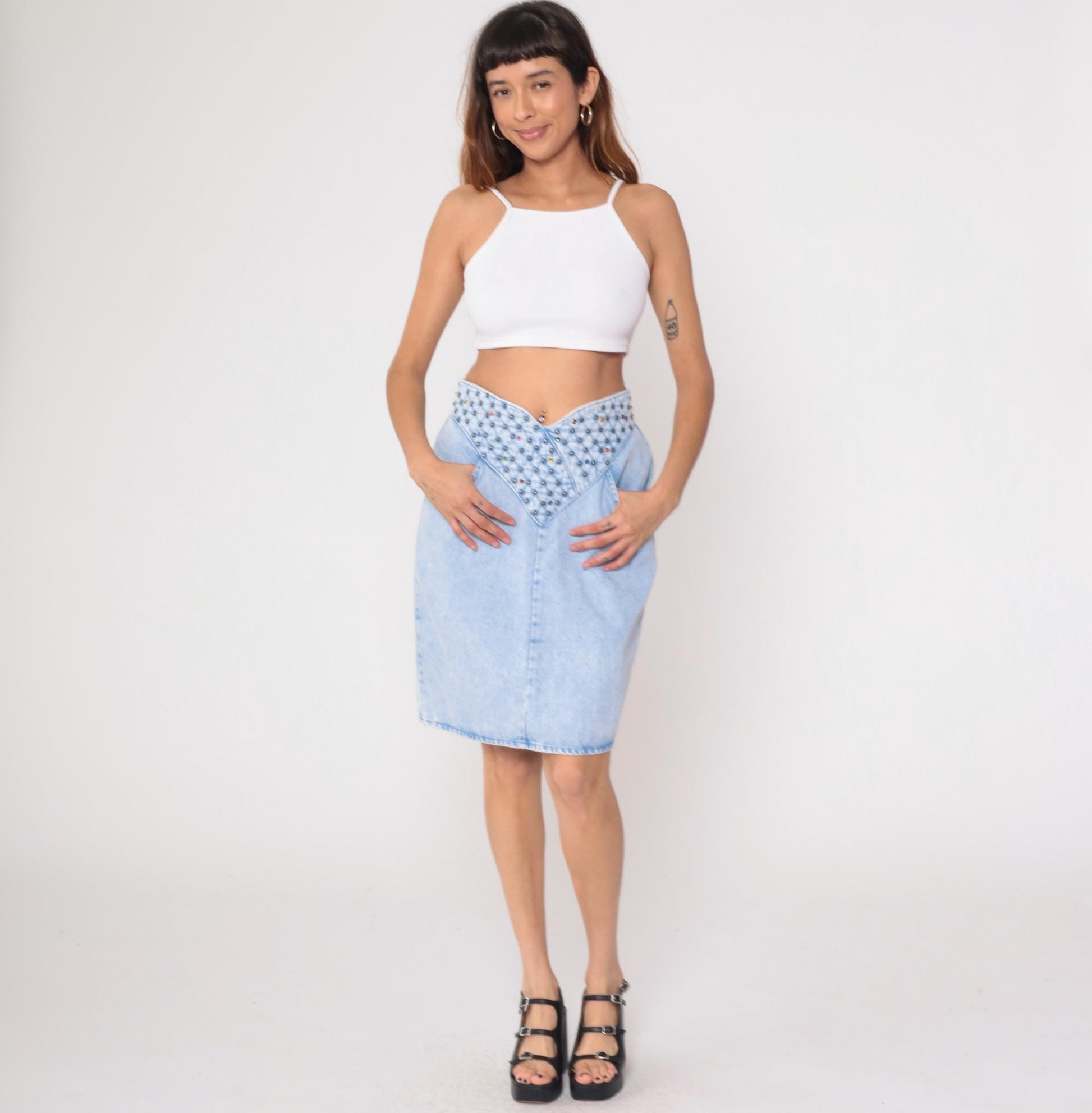 90s Opal Light Blue Studded Denim Mini Skirt Rhinestone High Waist Medium