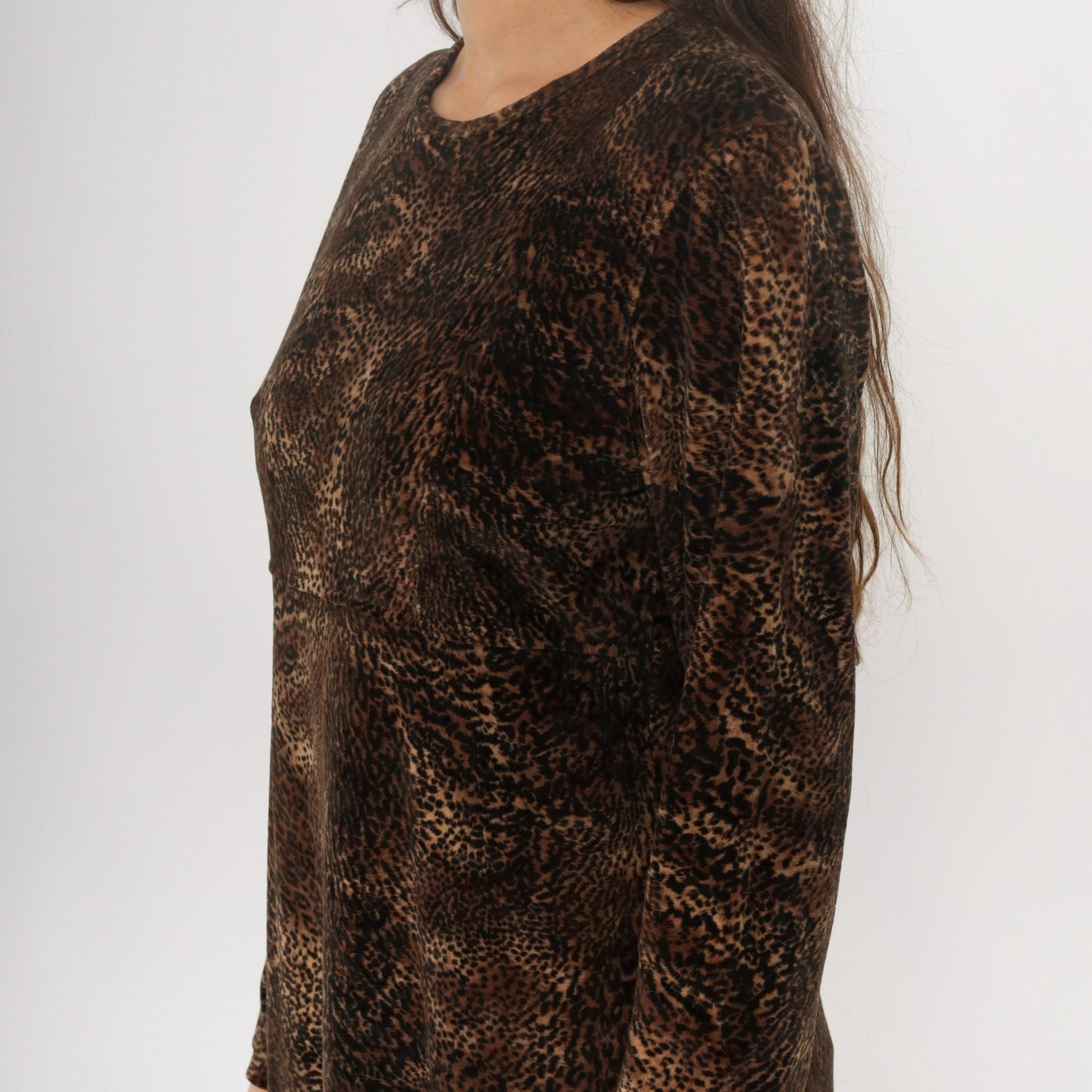 90s Jones New York Leopard Print Maxi Dress Long Sleeve Brown Medium M