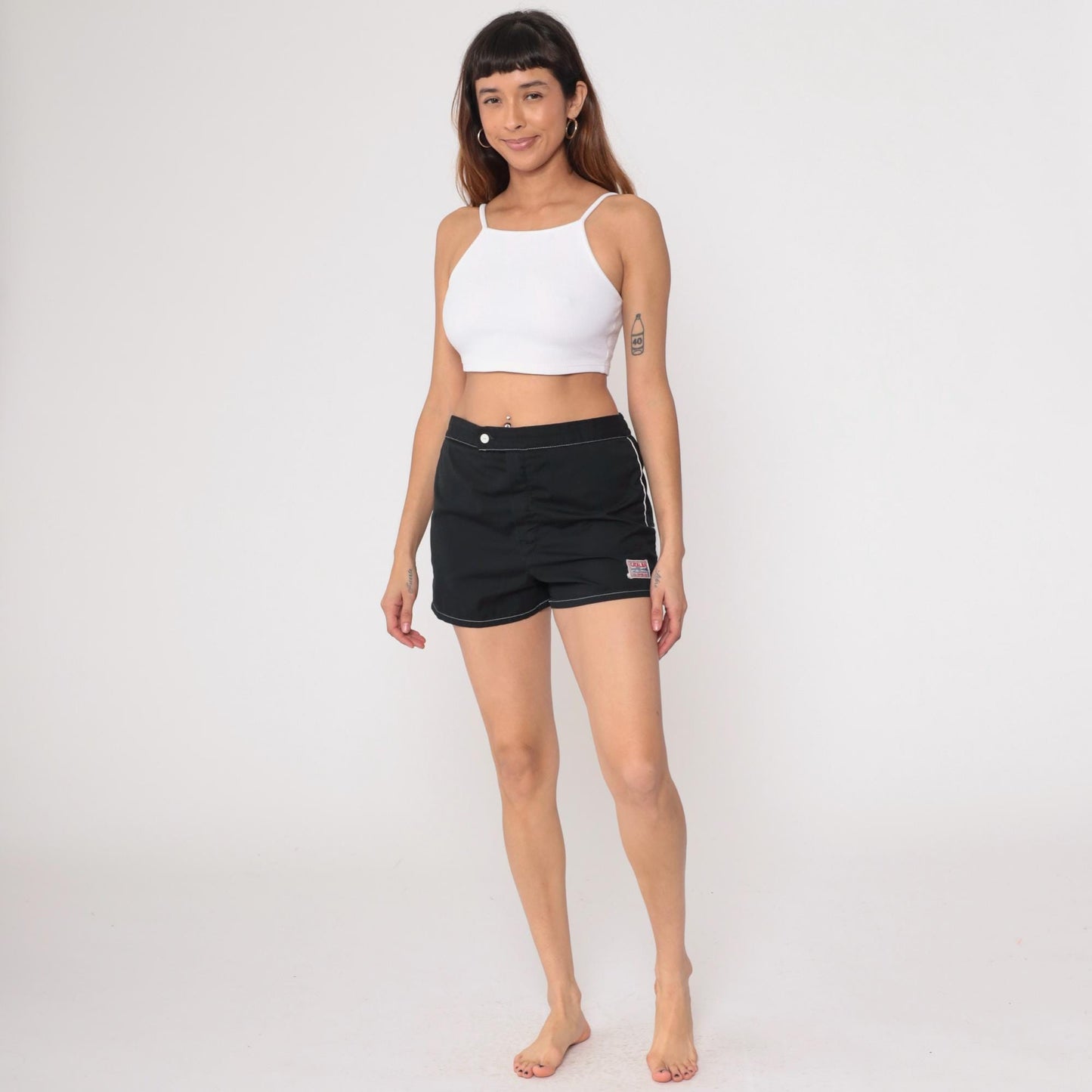 70s Catalina Black Swim Shorts White Contrast Stitching Elastic Waist Large