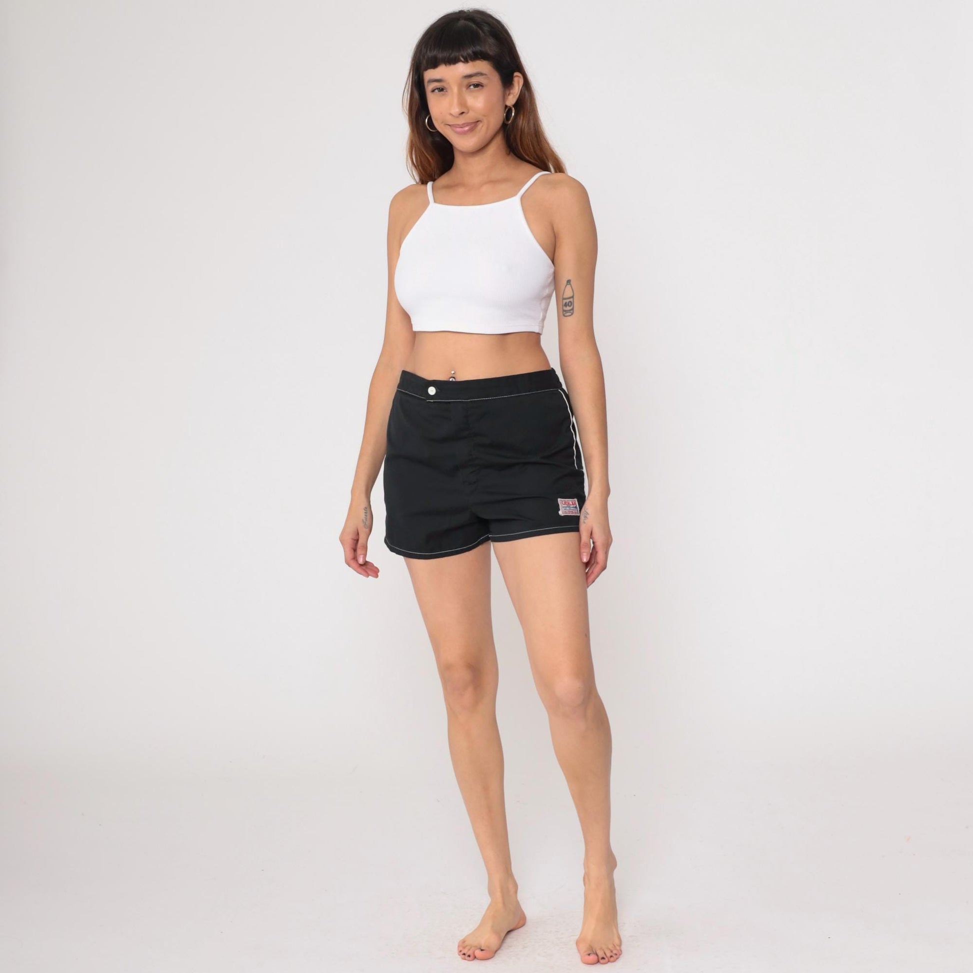 70s Catalina Black Swim Shorts White Contrast Stitching Elastic Waist Large