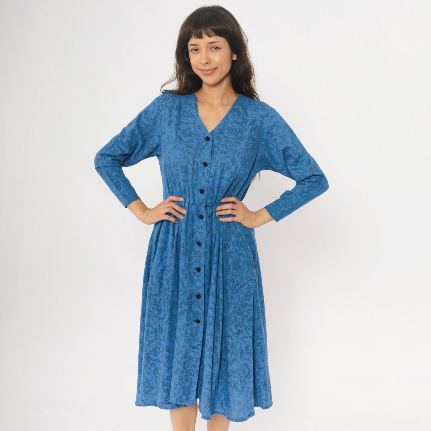 80s Blue Paisley Button-Front Dress V-Neck Long Sleeve Gathered Waist Medium M