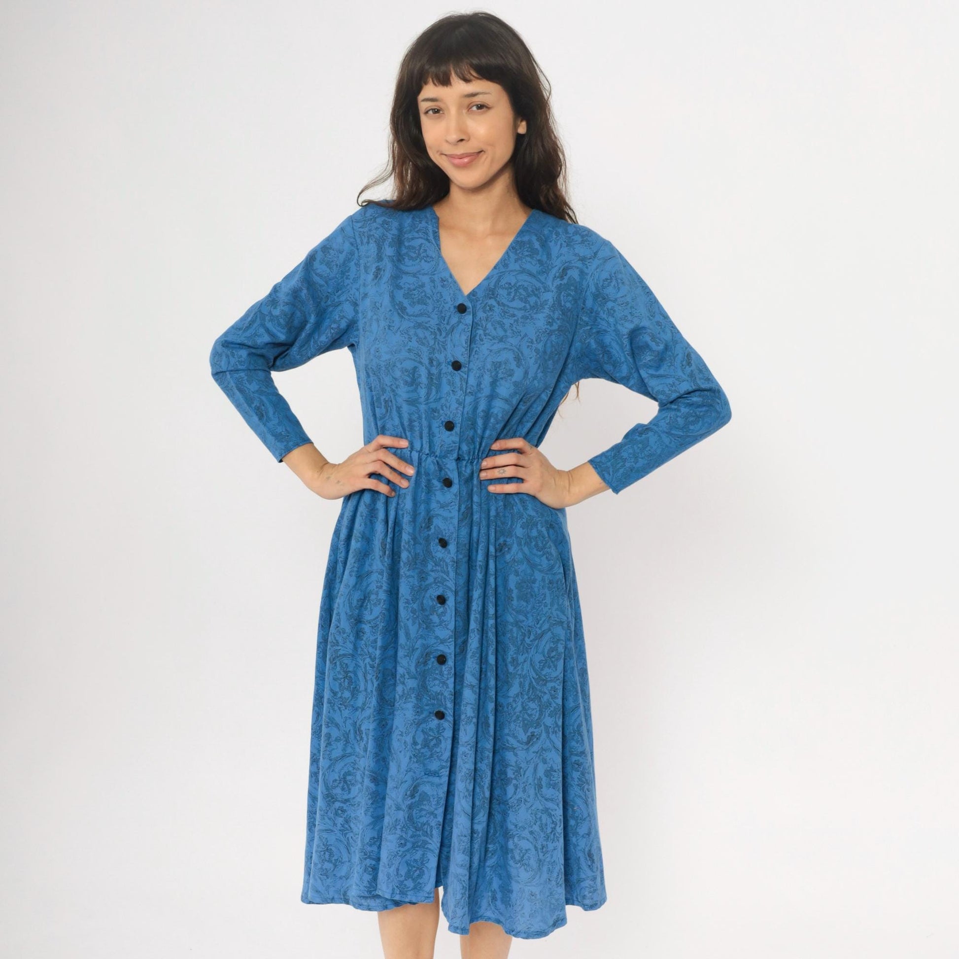 80s Blue Paisley Button-Front Dress V-Neck Long Sleeve Gathered Waist Medium M
