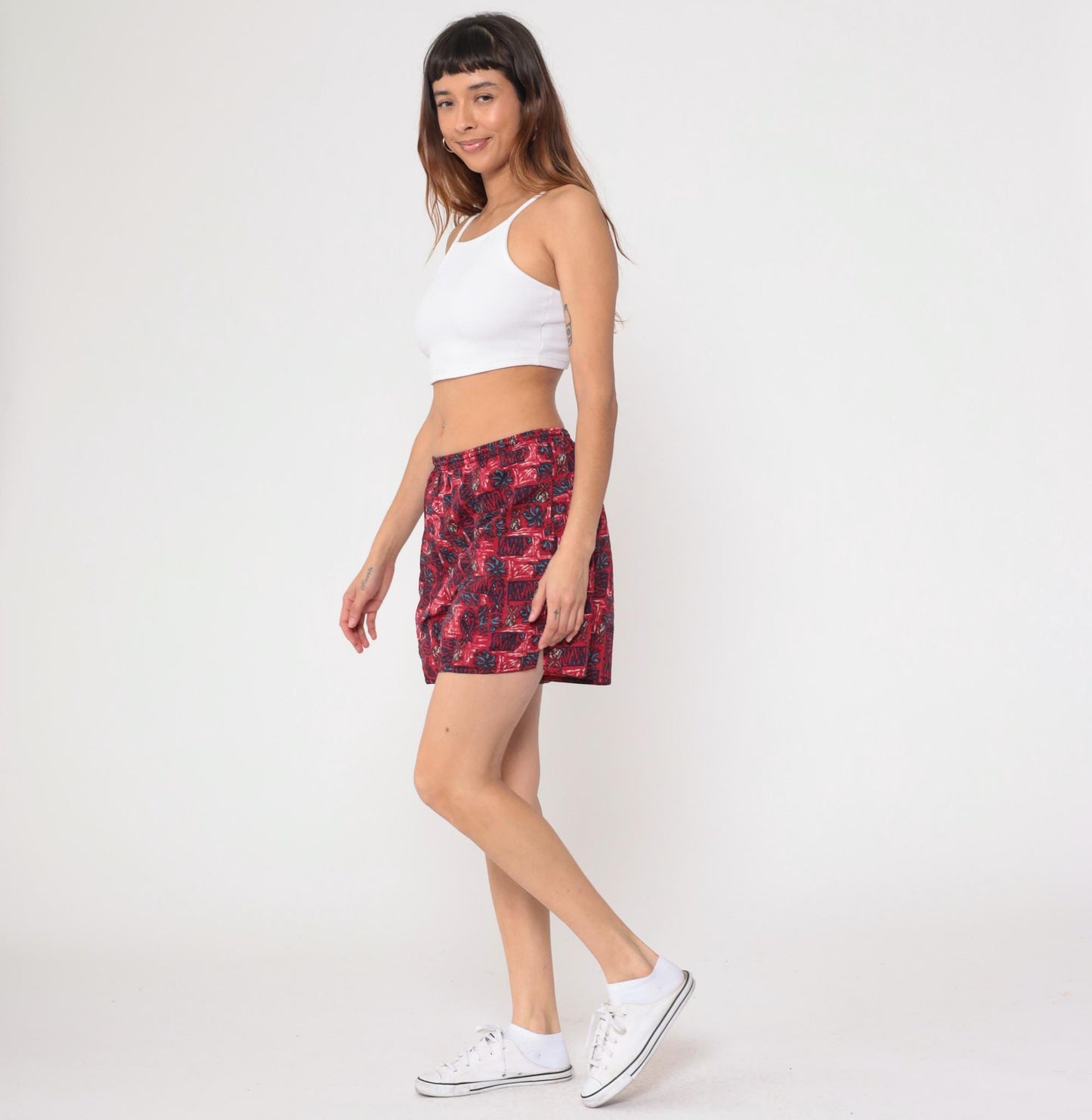90s Newport Blue Tropical Swim Shorts Red Floral High Rise Medium