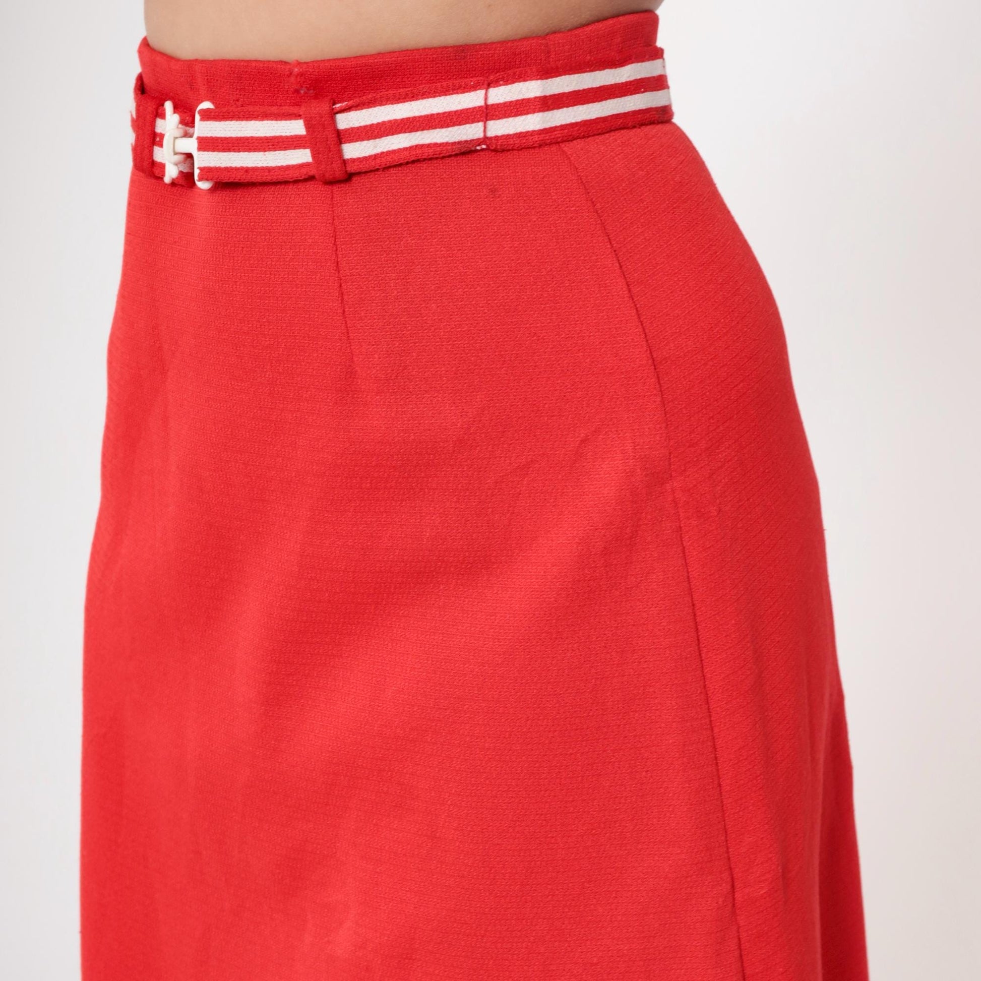 80s Act 3 Red Pencil Skirt White Striped Belt Knee-Length Medium