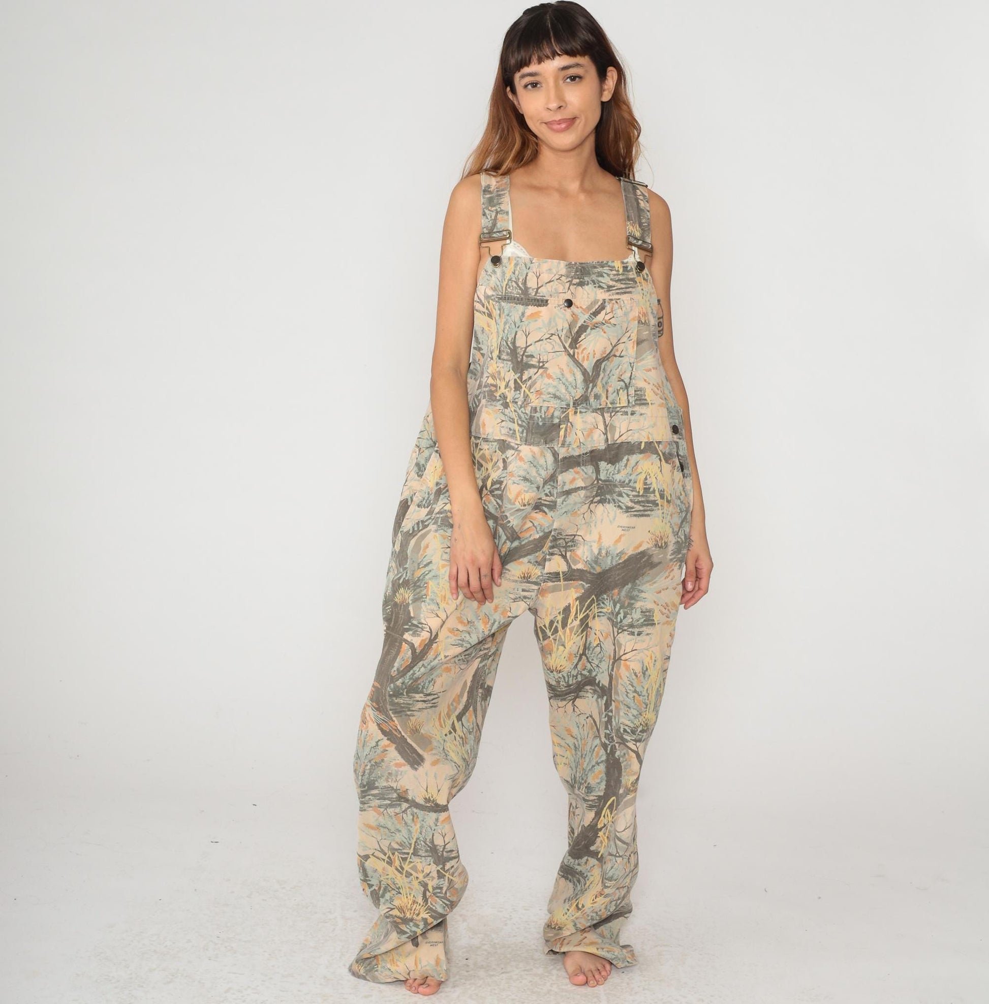90s Everywear West Nature Print Overalls Wide Leg Beige XL