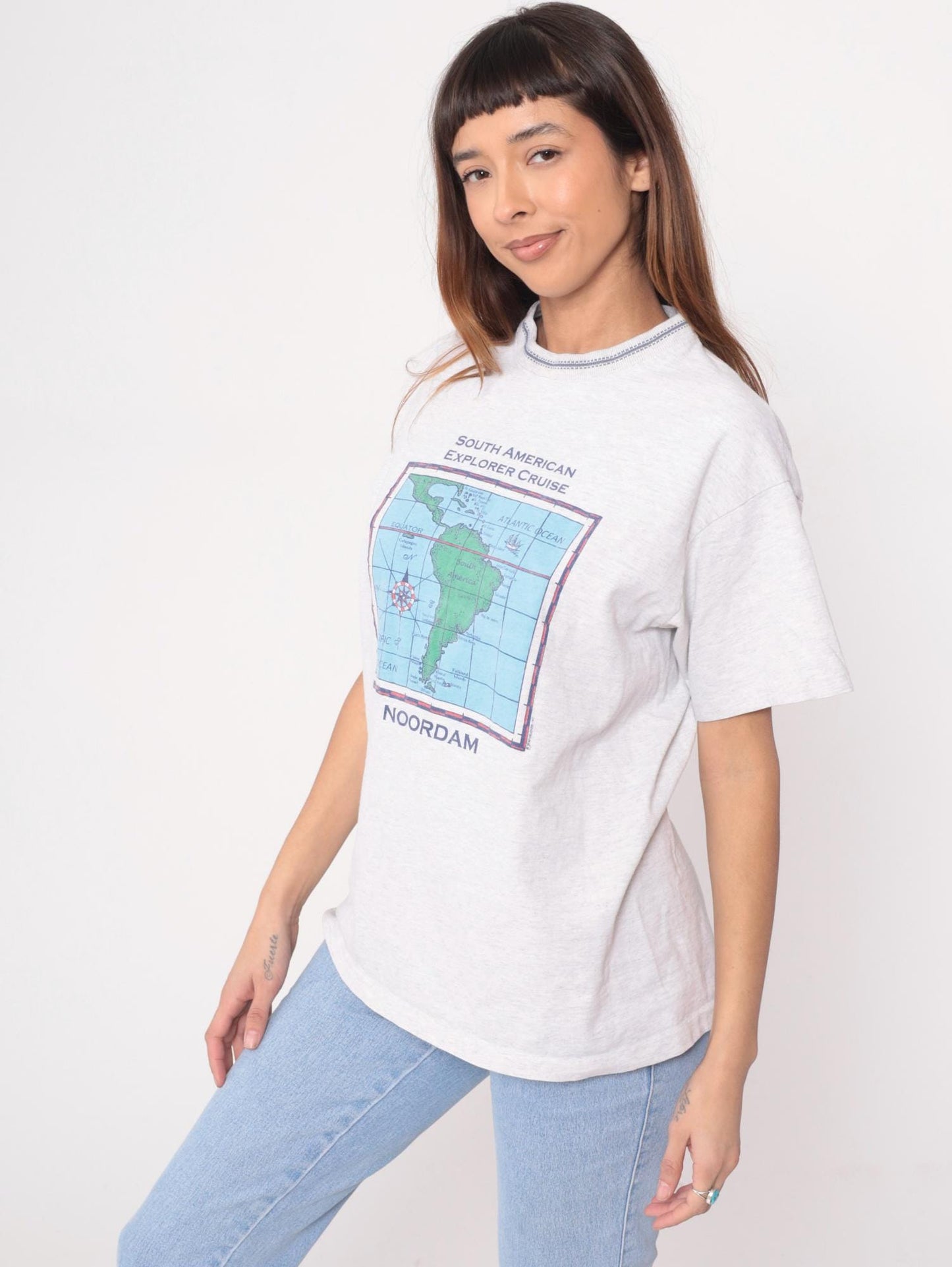90s South American Explorer Cruise Map Tee White Cotton Large L