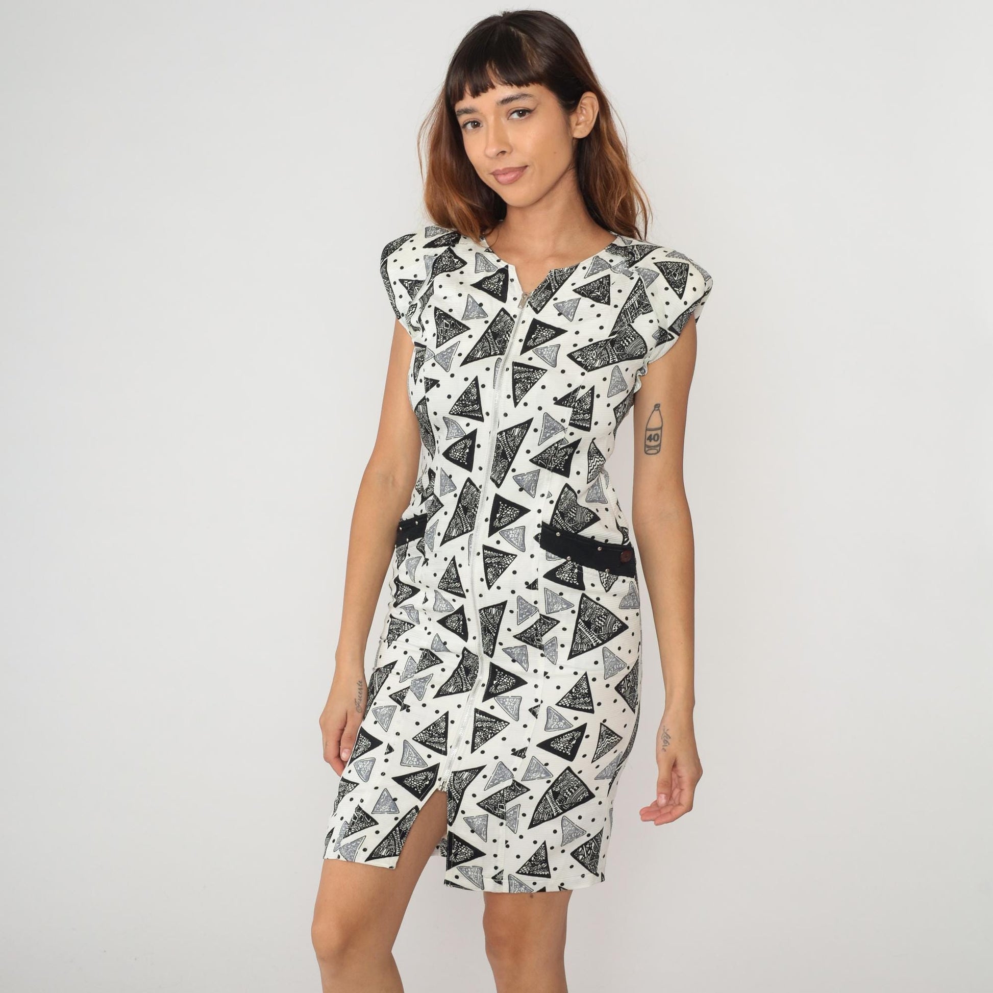 Y2K Gimo's White Mini Dress Triangle Geometric Print Zip Front Small S