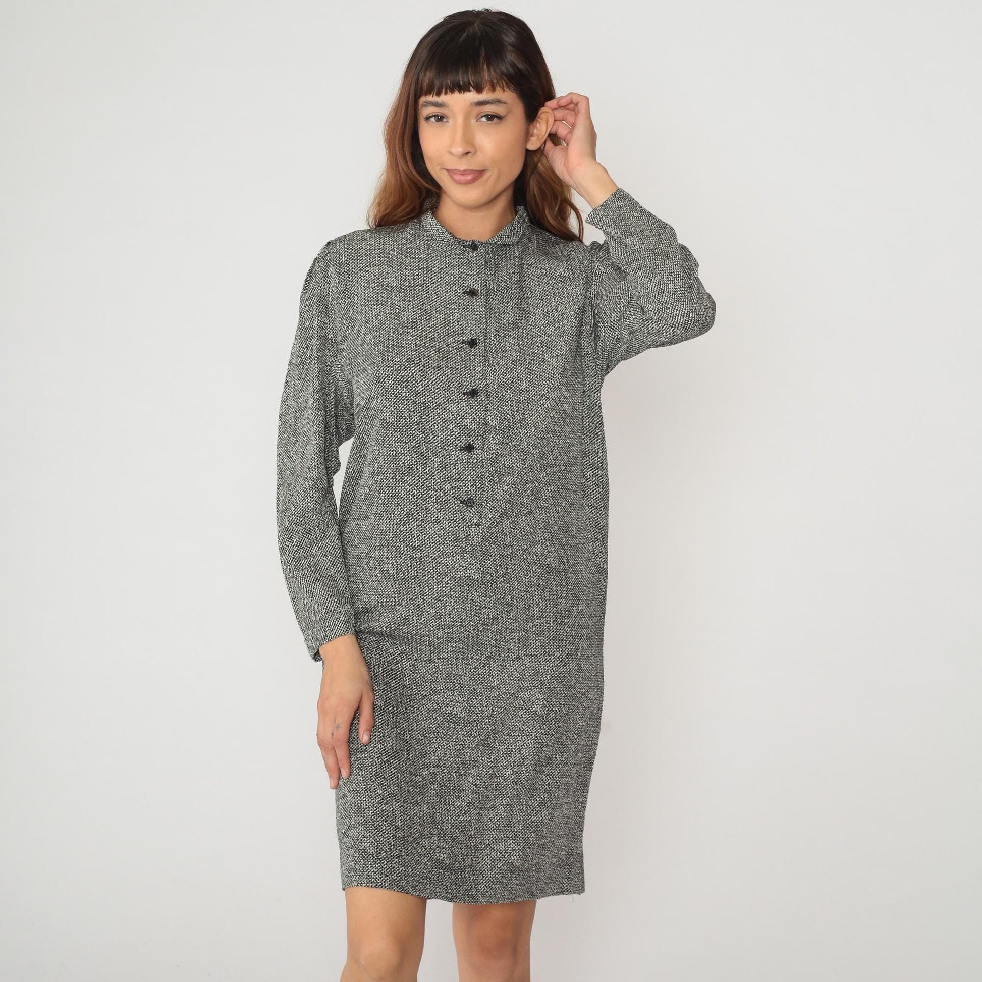 80s Claire Barrat Black White Tweed Shirt Dress Knee Length Collared Large