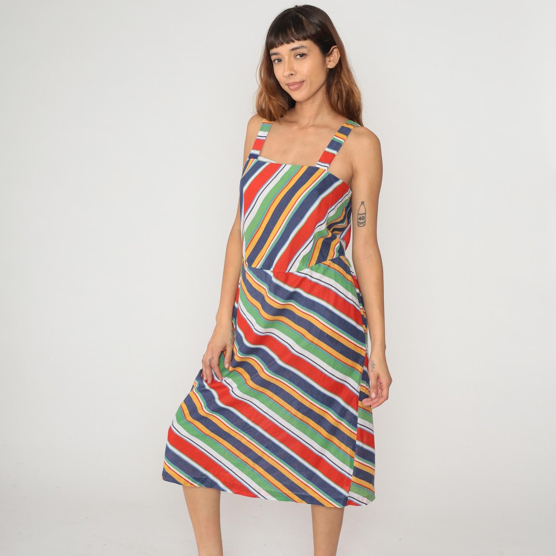 80s Rainbow Striped Midi Dress Diagonal Geometric Navy Red Green Yellow Sleeveless Large
