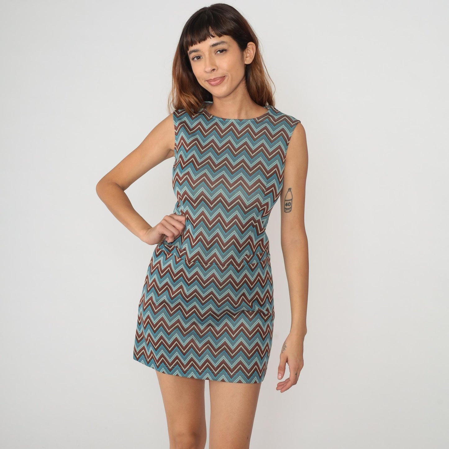 Y2K Chevron Mini Dress Turquoise Brown Cream Shift Sleeveless Small