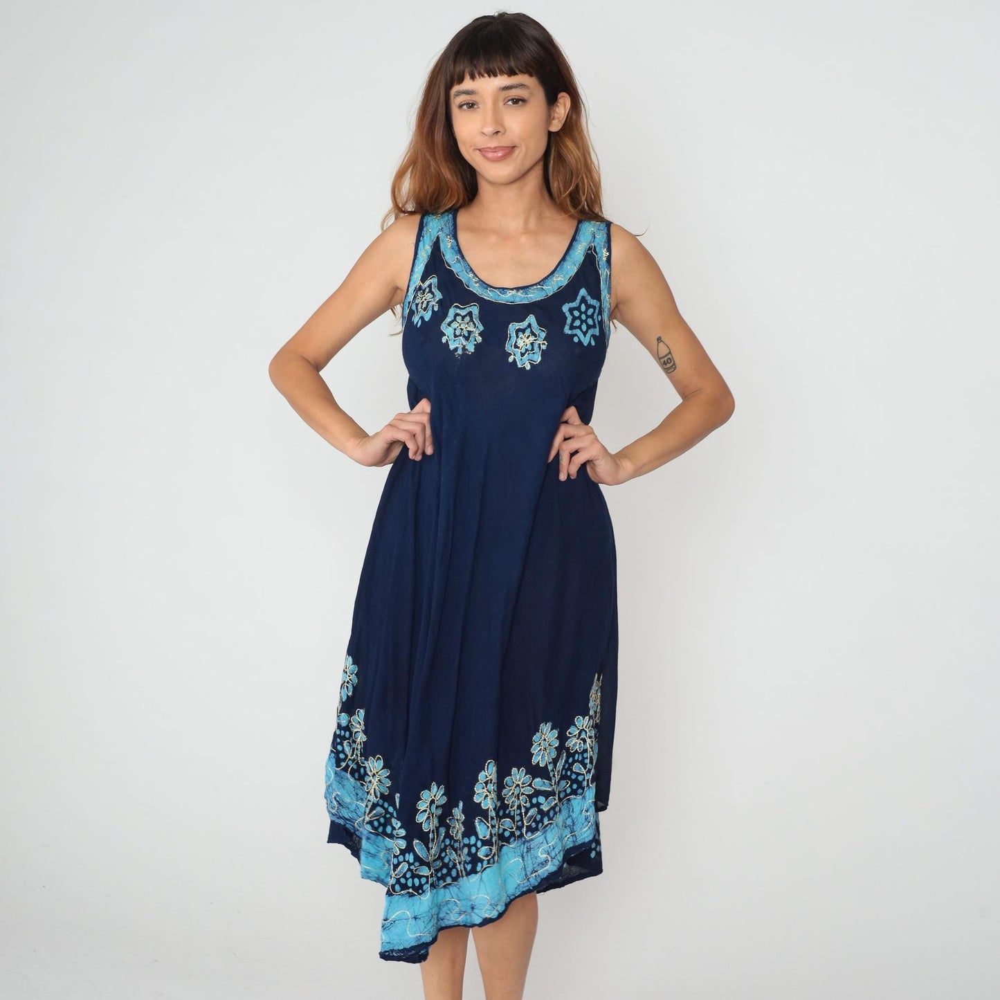 Y2K Navy Blue Floral Embroidered Tank Dress Asymmetrical Hem One Size