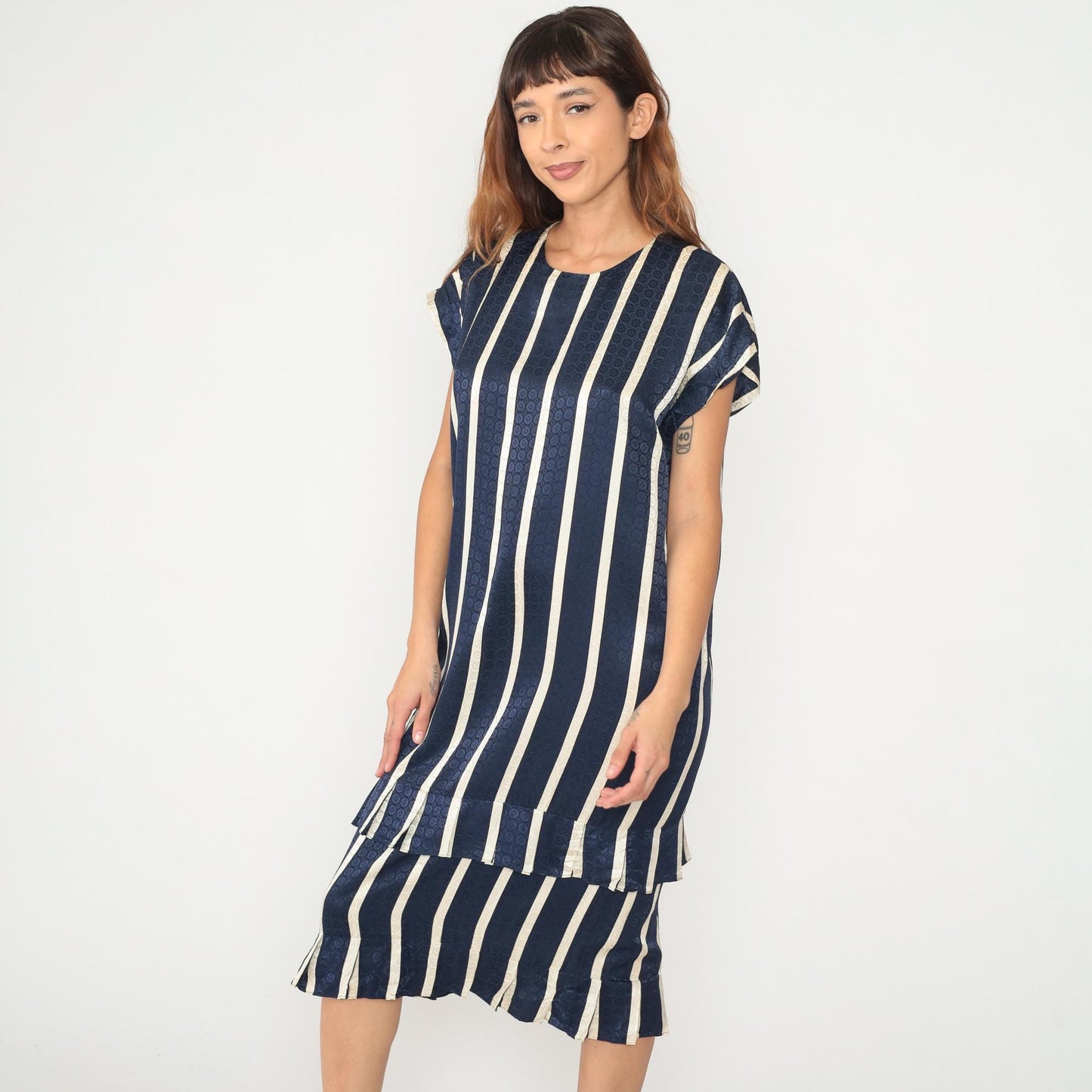 90s Maggy London Silk Striped Shift Dress Navy Cream Geometric Medium