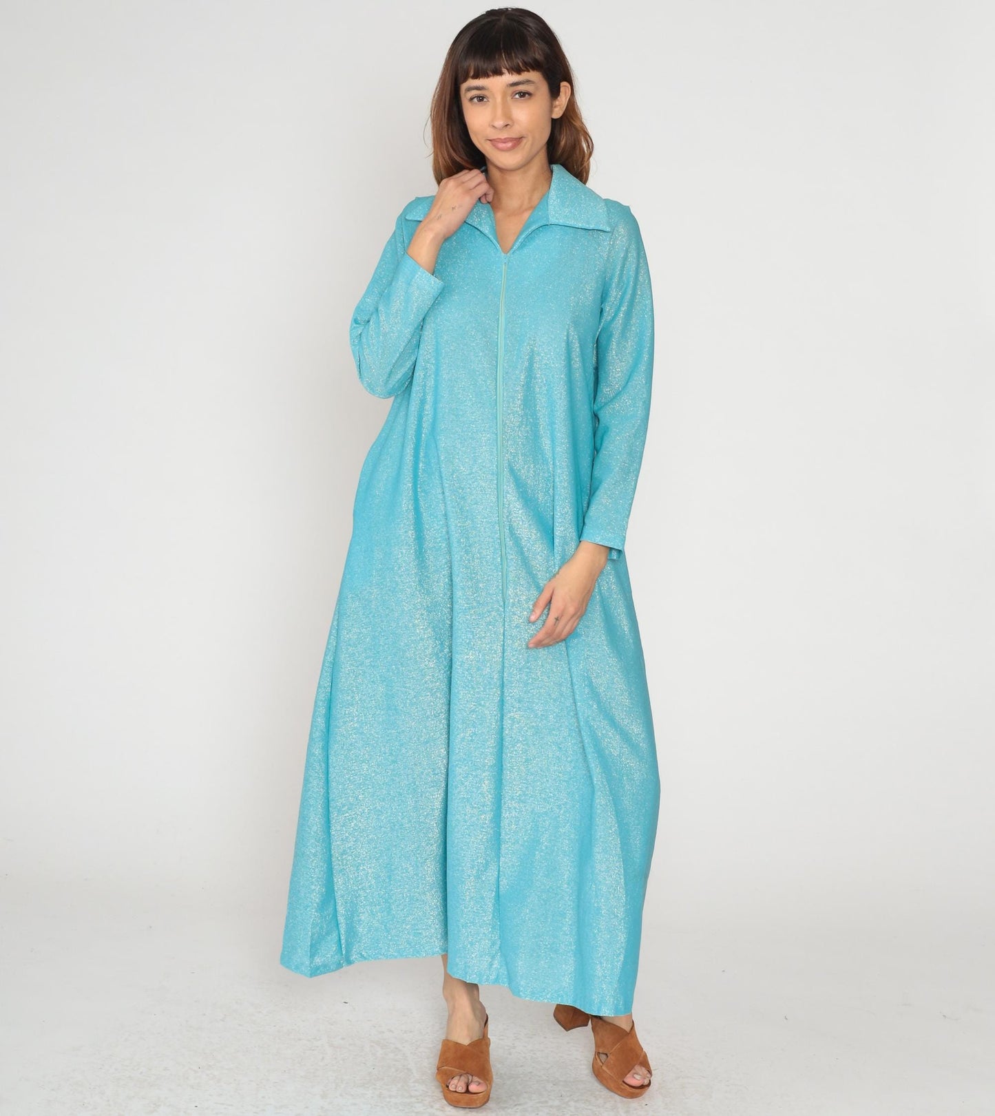 70s Aristique Turquoise Metallic Maxi Robe Zip Front Collared Loungewear Large L