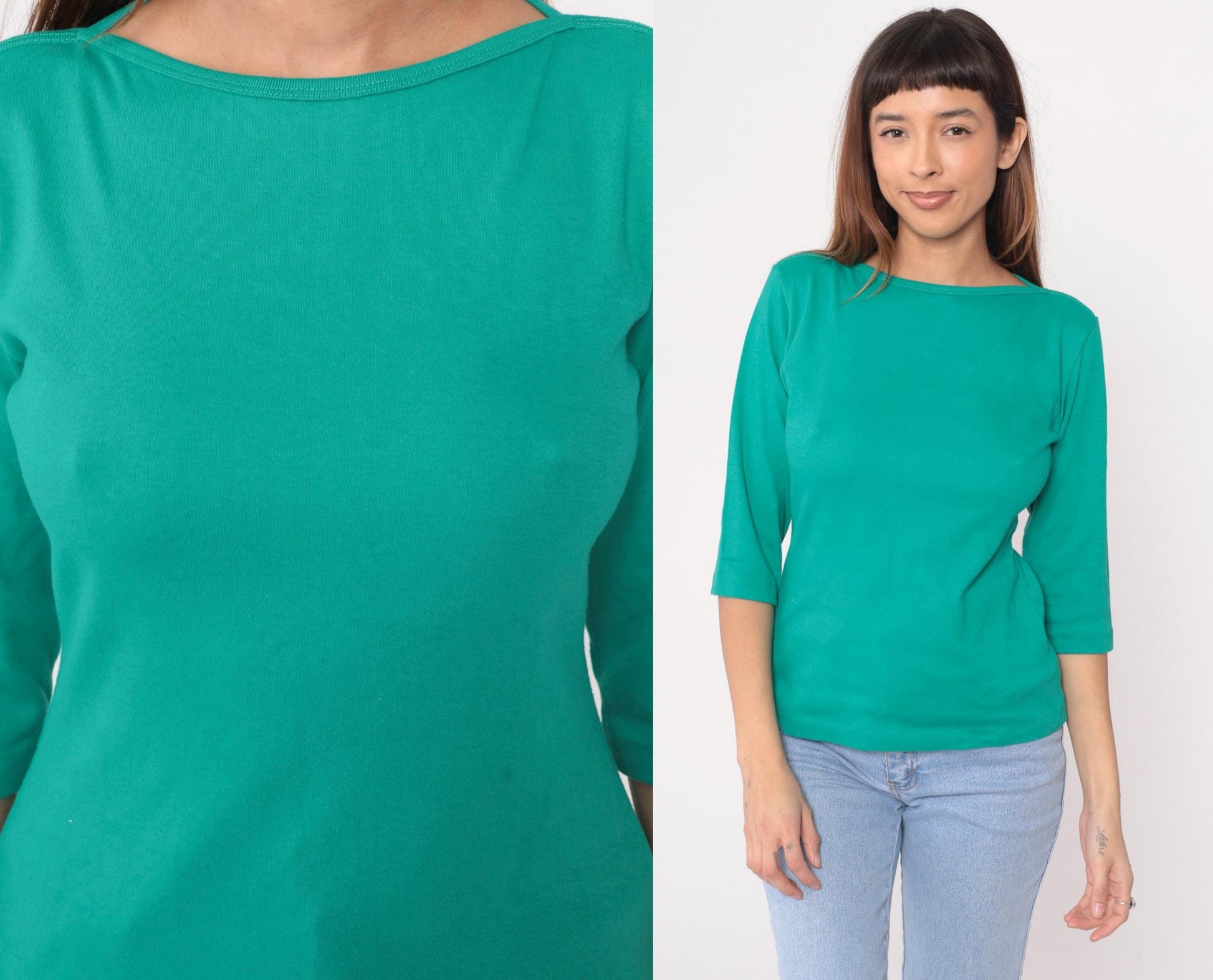 90s LL Bean Teal Boat Neck Cotton Top Three-Quarter Sleeve Medium M