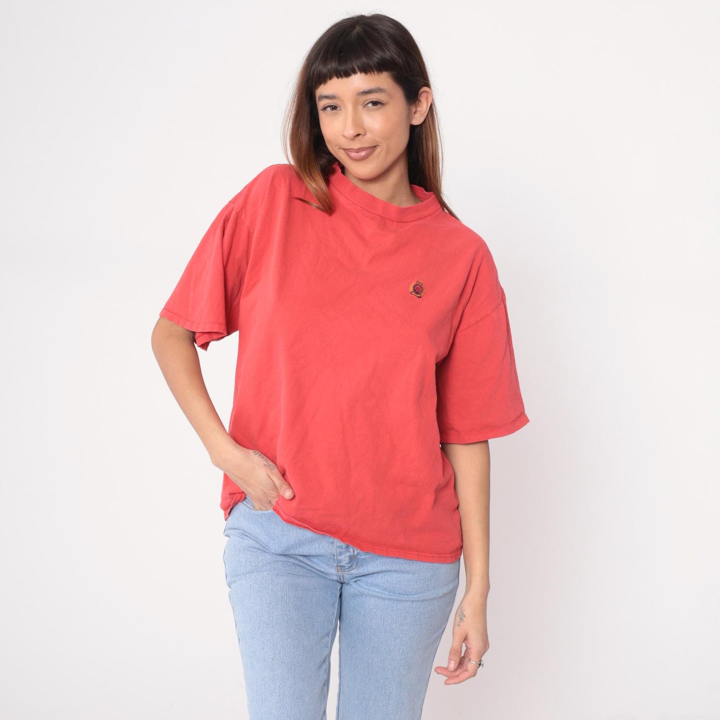 90s Bugle Boy Salmon Cotton T-Shirt Embroidered Crest Logo Large L