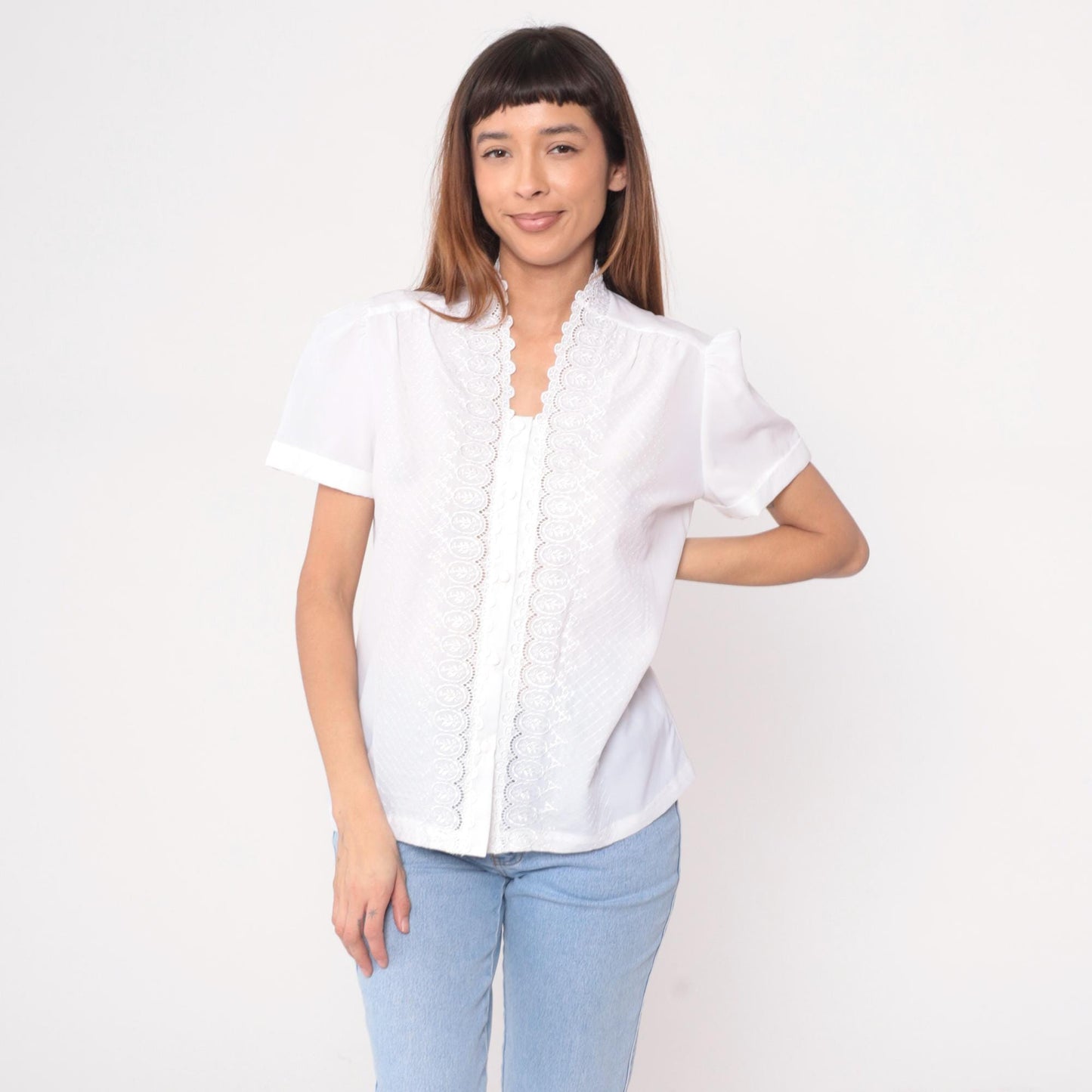80s White Lace Blouse Scalloped Eyelet Puff Sleeve Textured Diamond Large