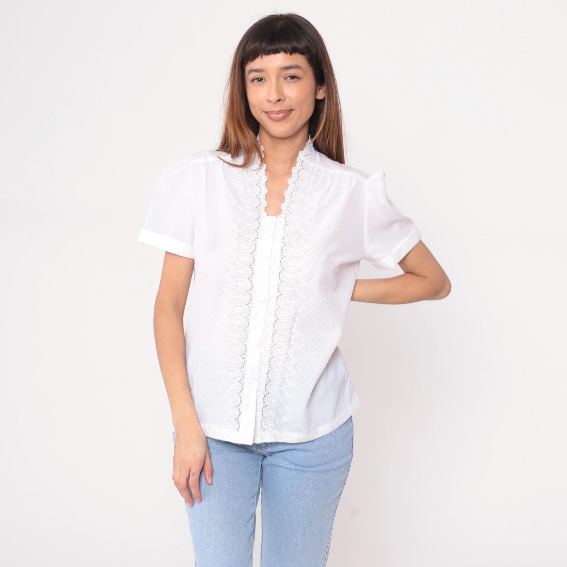 80s White Lace Blouse Scalloped Eyelet Puff Sleeve Textured Diamond Large