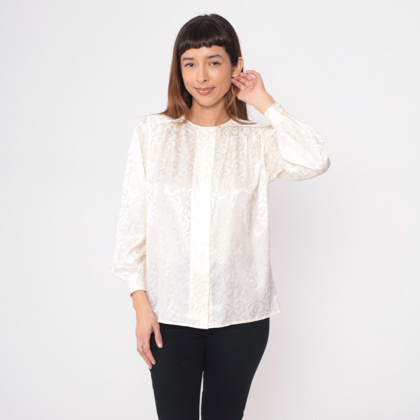 80s Claude Bennet Cream Jacquard Blouse Gathered Shoulders Small