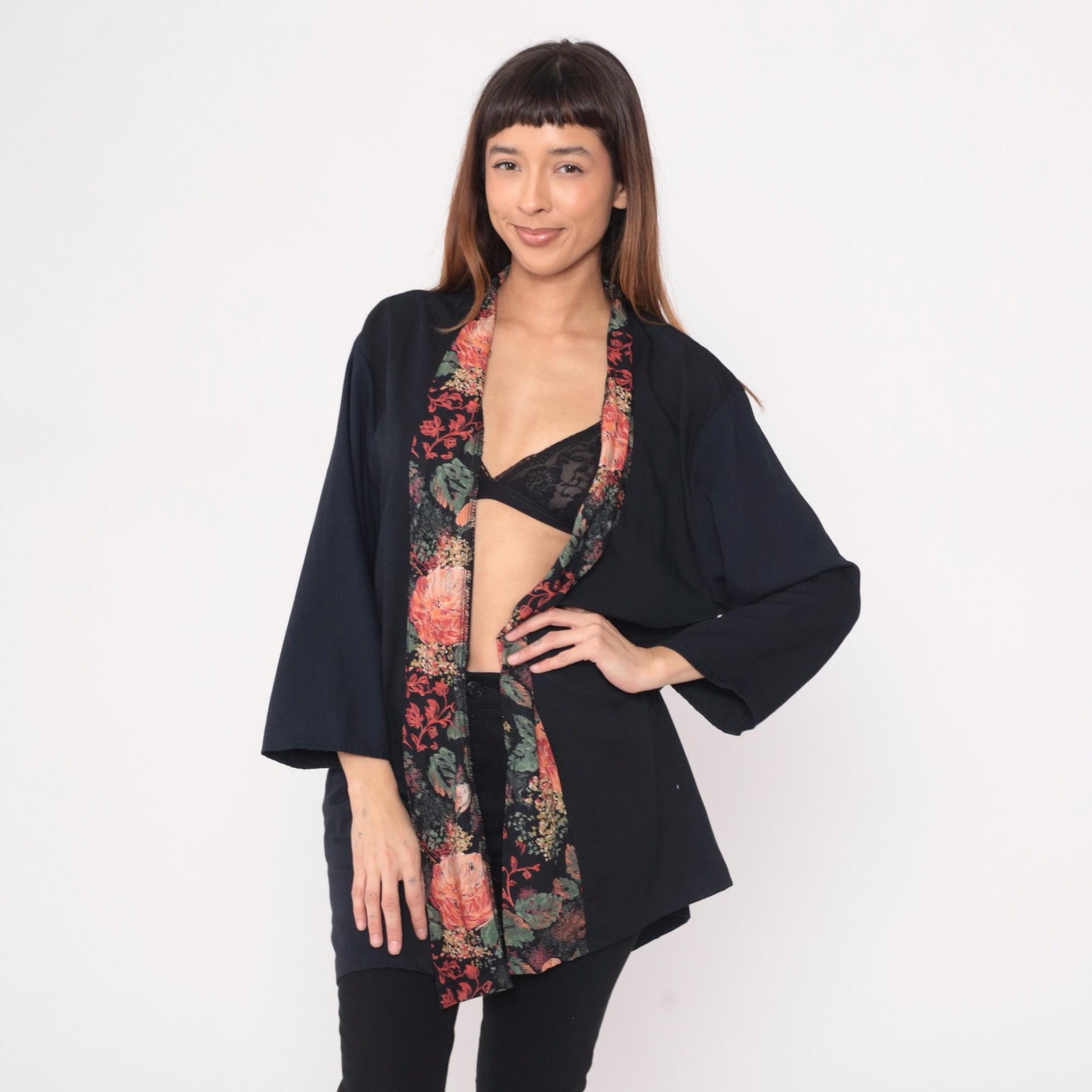 90s Black Kimono Cardigan Floral Rose Garden Trim Open Front Rayon Large