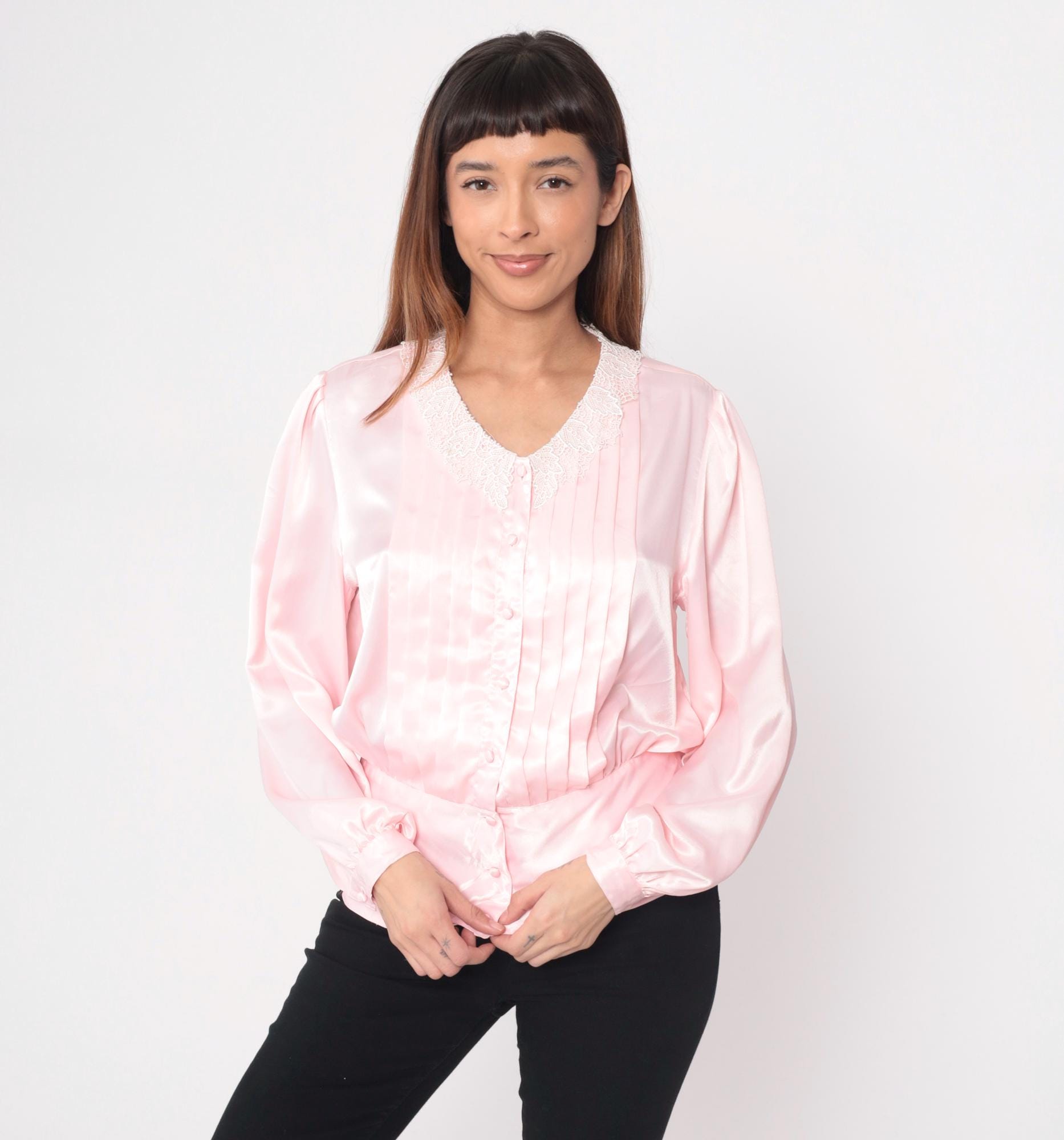 80s Pink Blouse White Lace Collar Pintuck Pleated Button-Up Large L