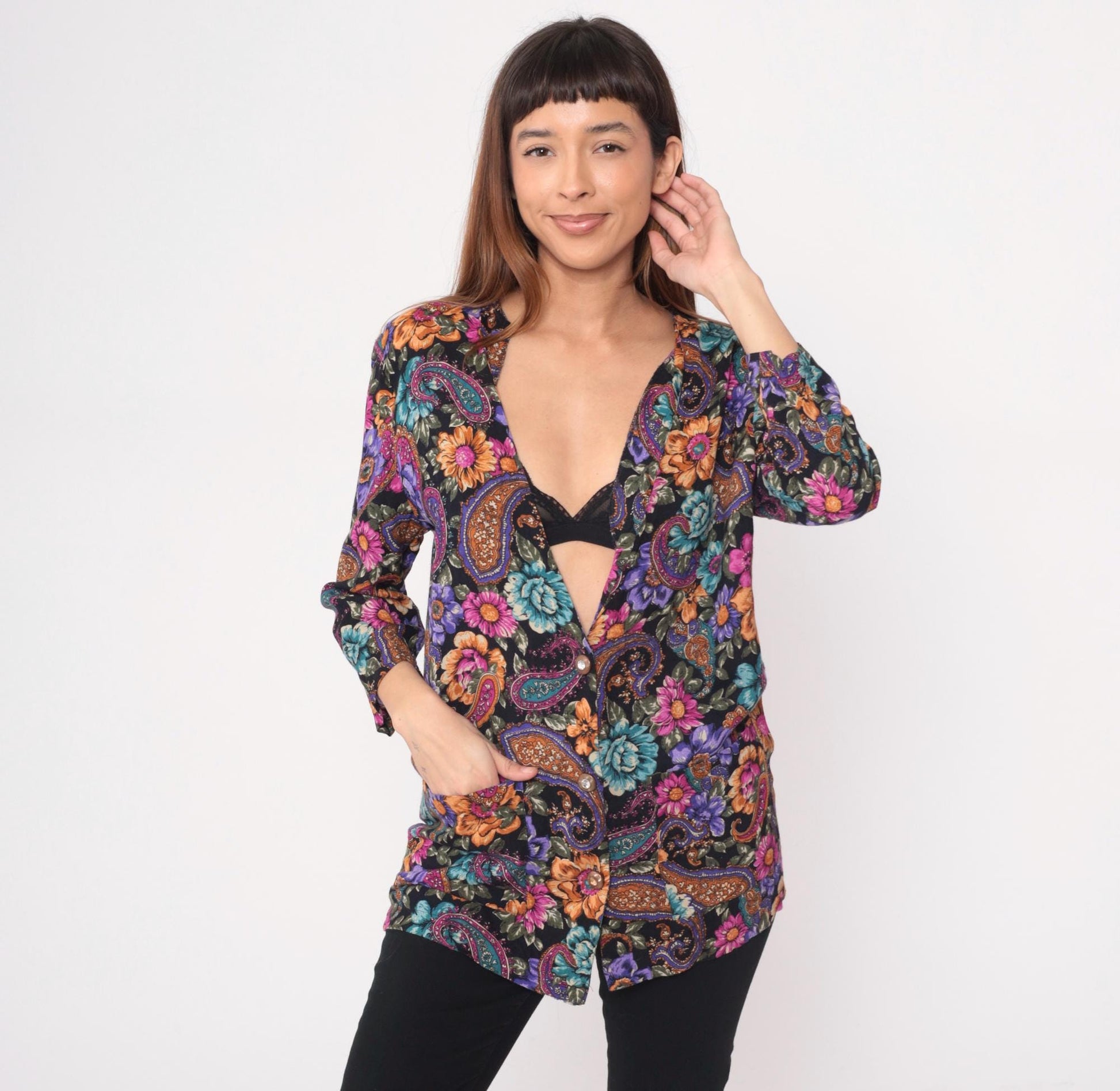 90s Rampage Paisley Floral Tunic Blouse Deep V Neck Rayon Black Purple Medium