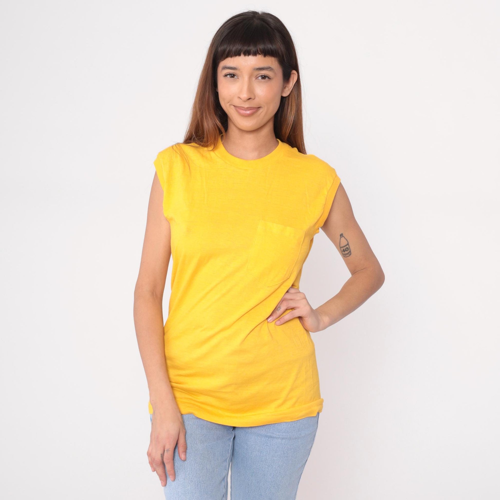 80s McGREGOR Yellow Muscle Tee Tank Top Chest Pocket Tunic Large L
