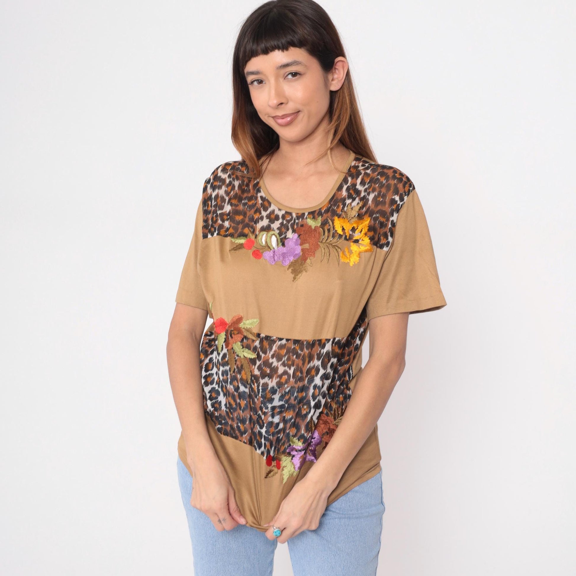 90s Morrissa Leopard Floral Embroidered Color Block Top Tan Large L