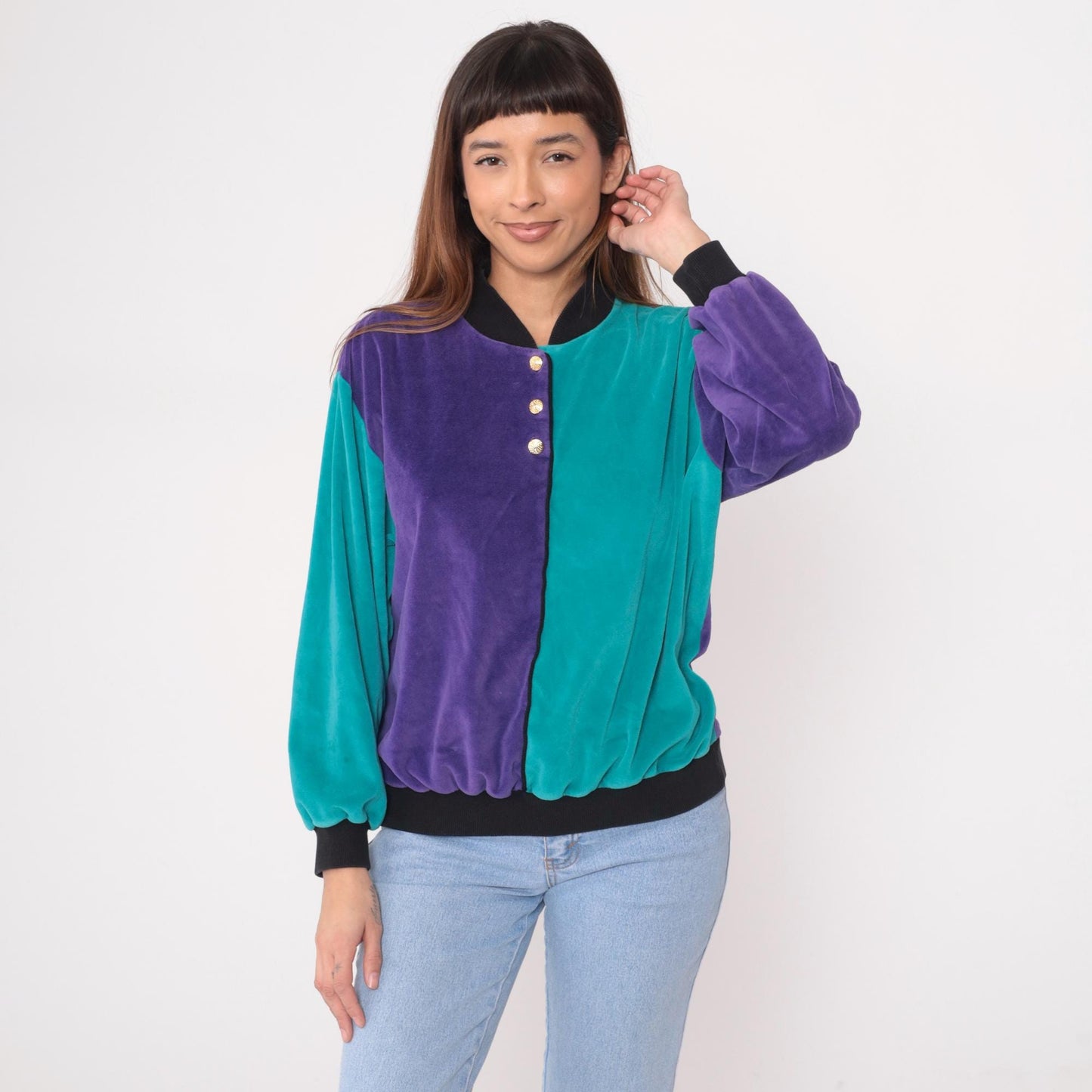 80s Terrycloth Colorblock Bomber Jacket Purple Teal Gold Buttons Medium