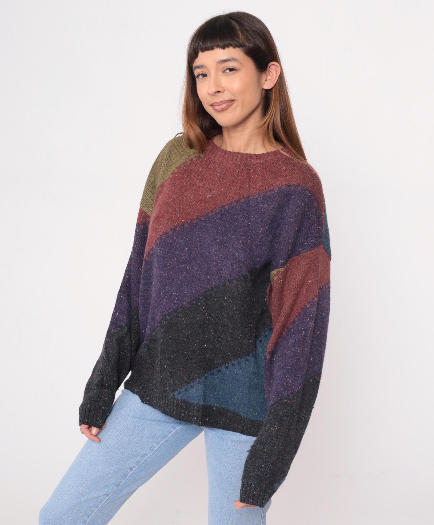 80s Method Colorblock Geometric Knit Sweater Crew Neck Large L
