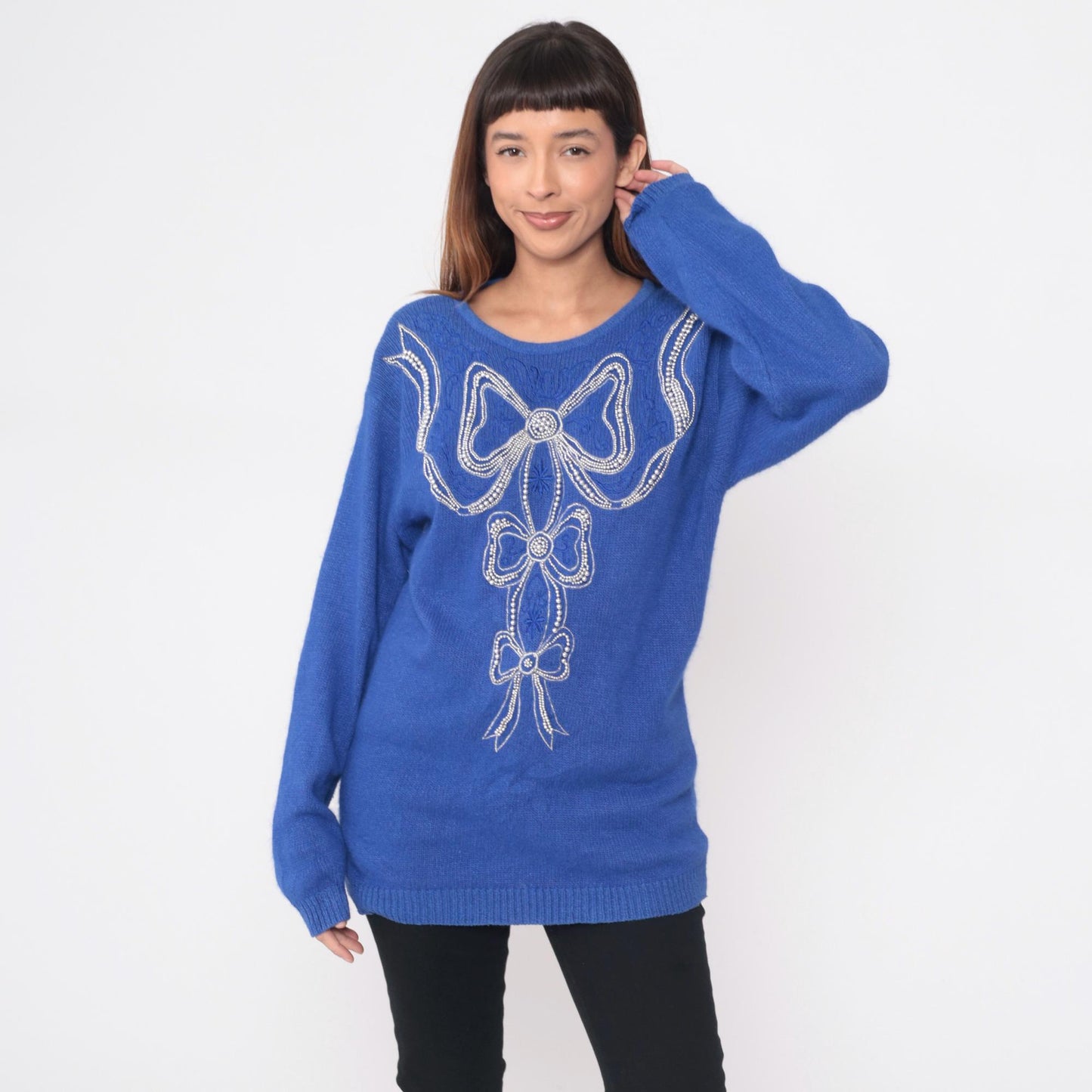 80s Ib Diffusion Periwinkle Blue Sweater Beaded Bow Knit Small