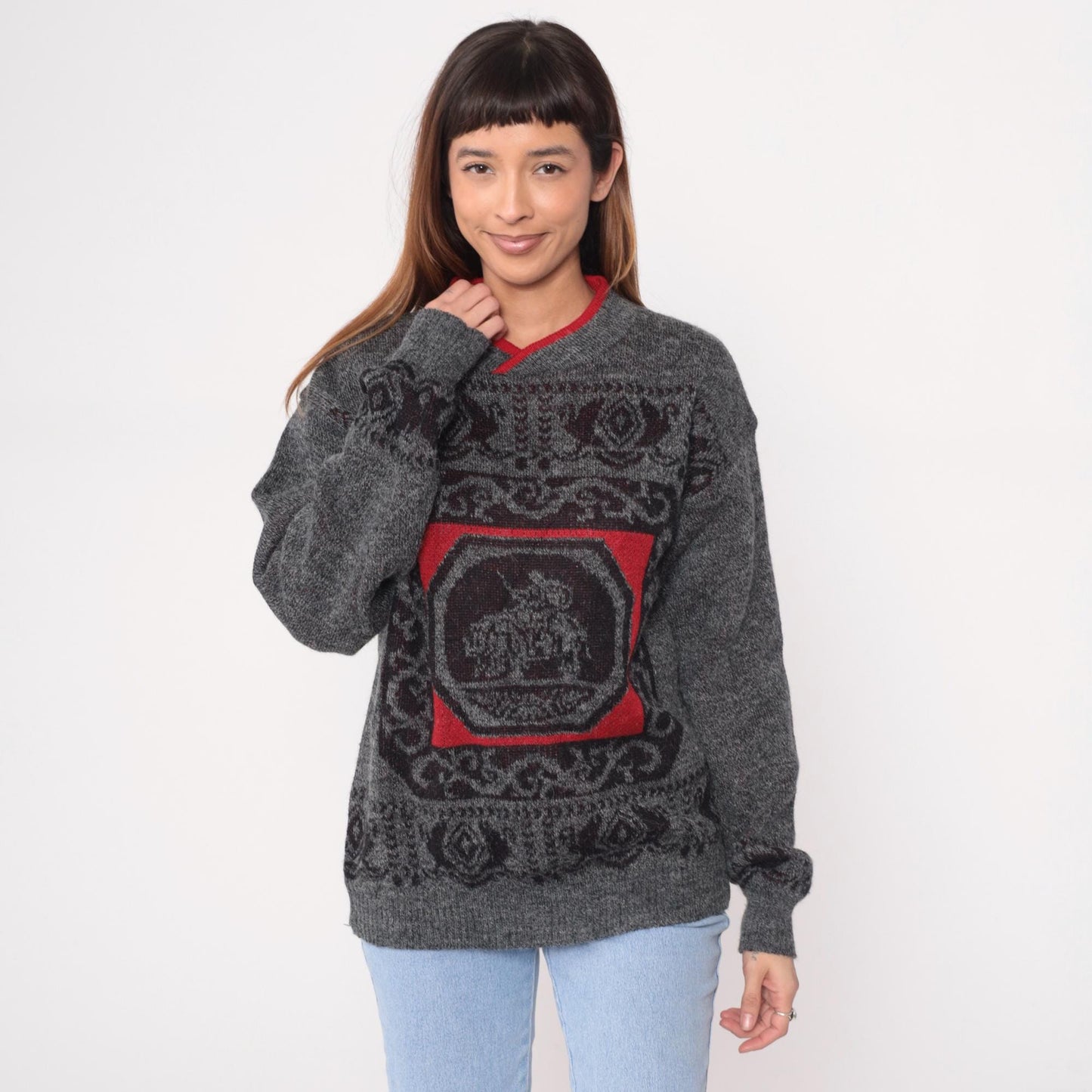 90s Tribal Pattern V-Neck Sweater Grey Red Wool Knit Small S