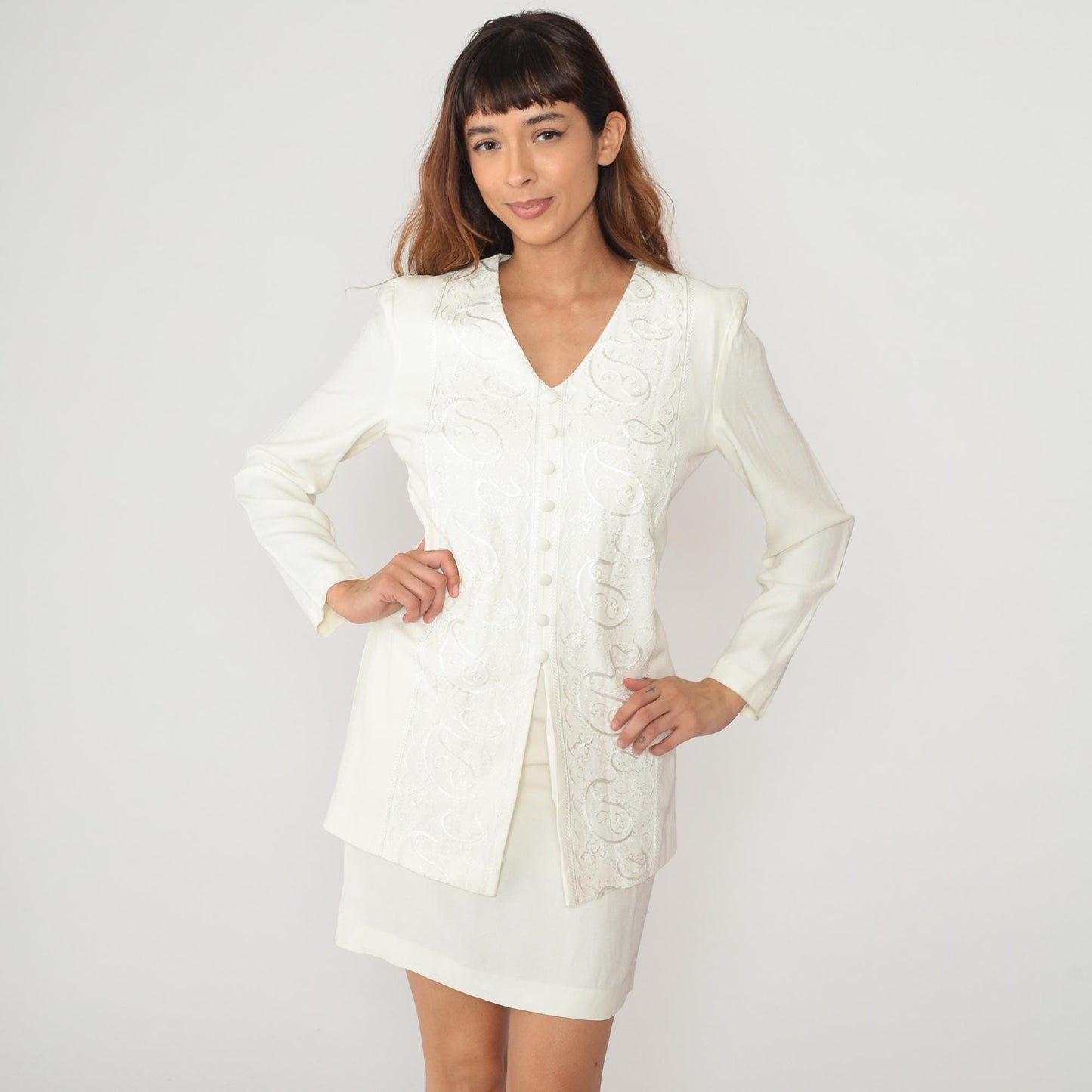 90s Dani Max Embroidered White Tunic Dress V-Neck Button Front Medium