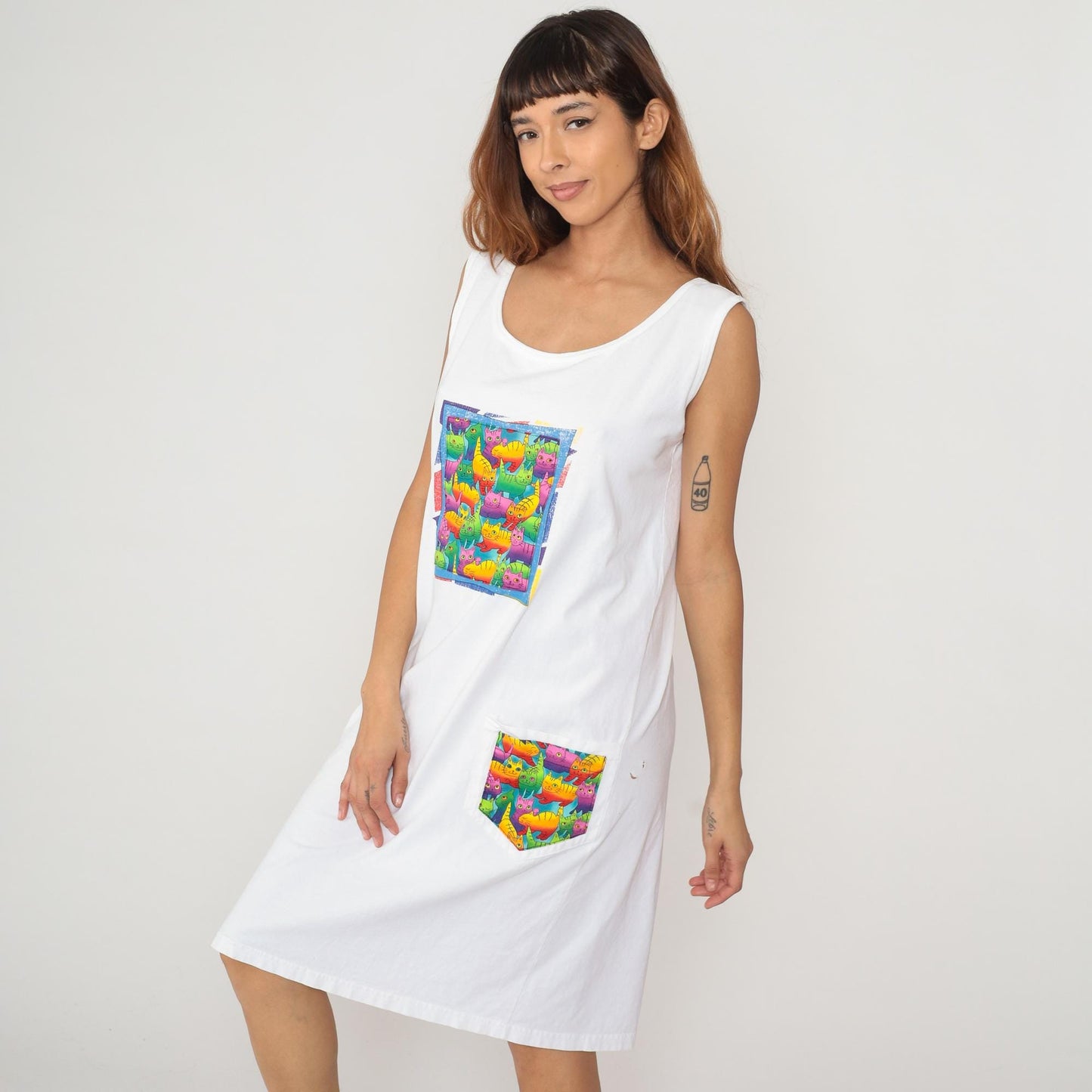 90s Rainbow Kitties Tank Dress White Cotton Knee-Length Graphic Large L