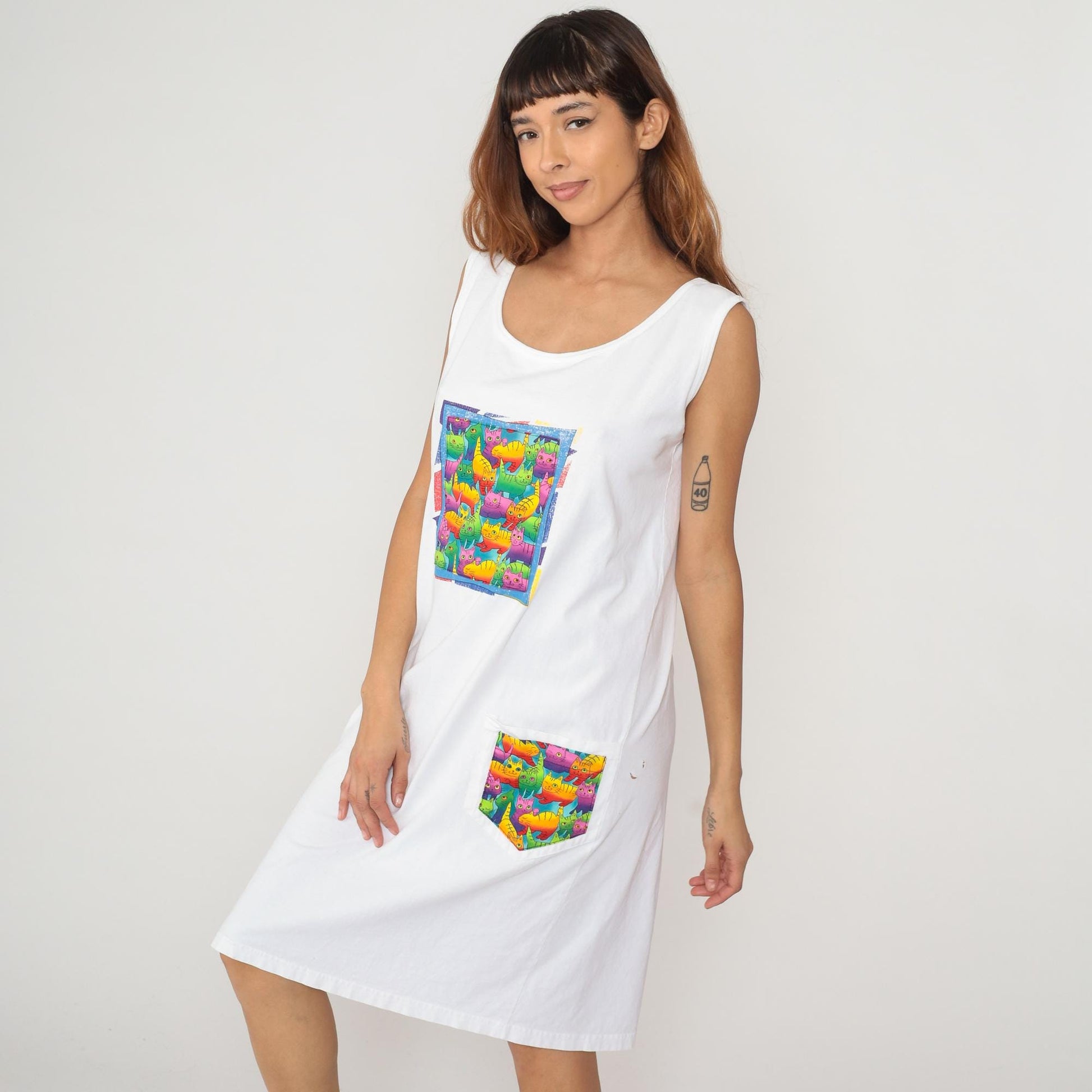 90s Rainbow Kitties Tank Dress White Cotton Knee-Length Graphic Large L