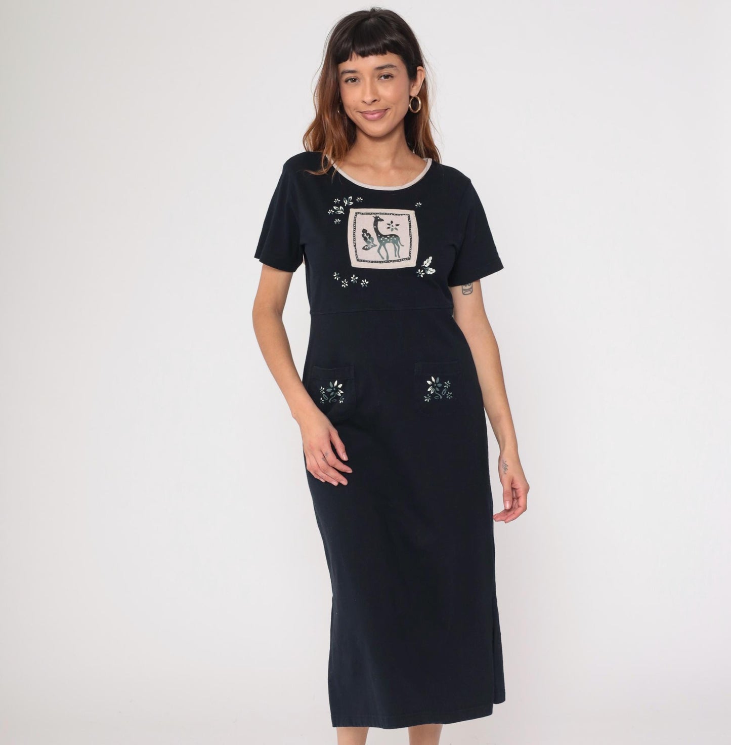 90s Black Cotton Giraffe Appliqué Midi Dress Embroidered Floral Medium M