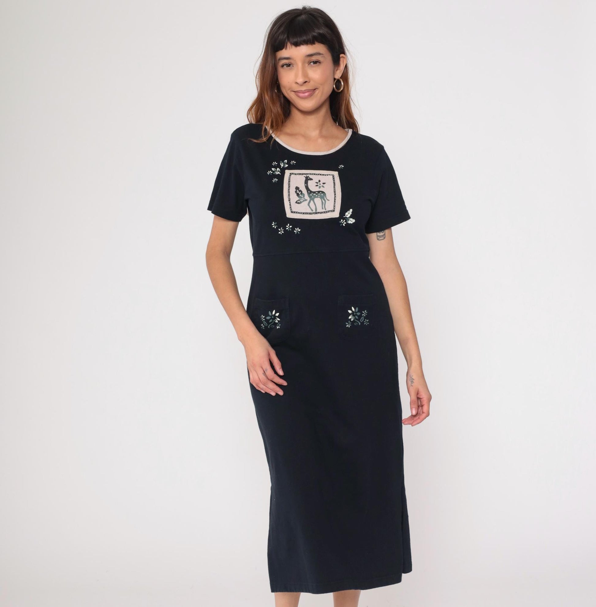 90s Black Cotton Giraffe Appliqué Midi Dress Embroidered Floral Medium M
