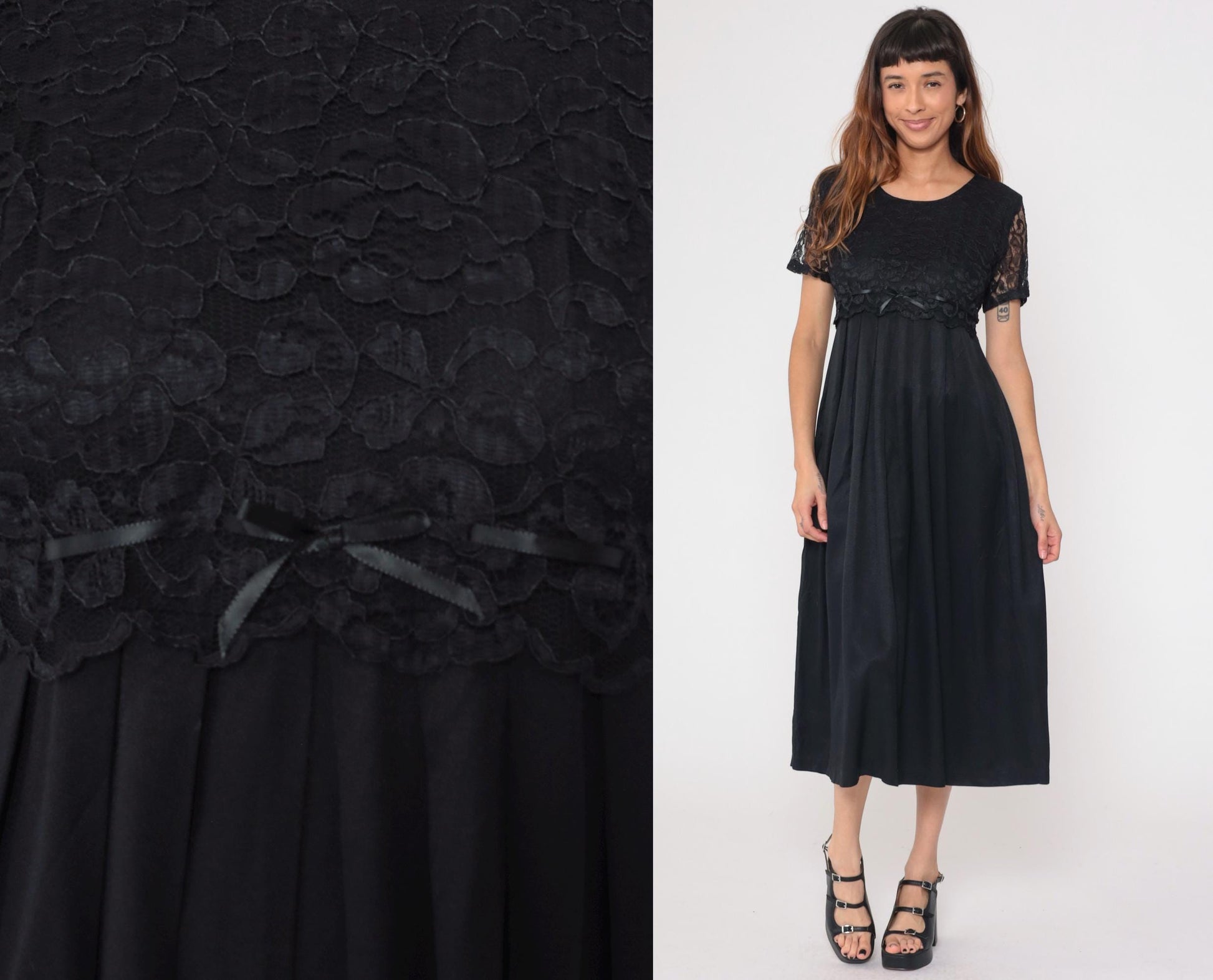 90s Black Lace Empire Waist Midi Dress Bow Detail Medium M