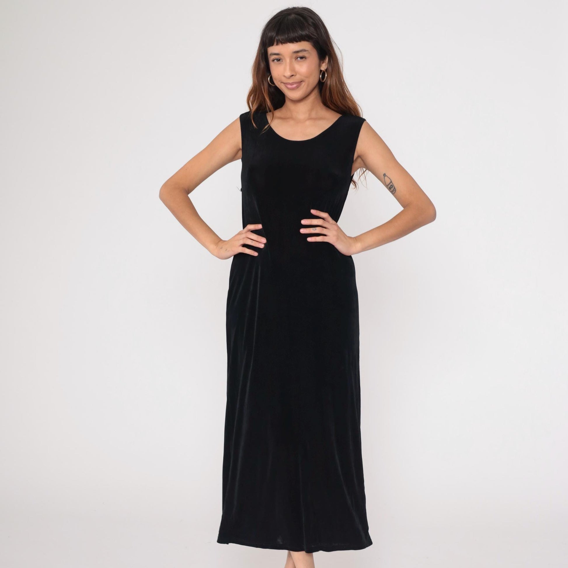 90s Black Sleeveless Column Maxi Dress Scoop Neck Side Slit Medium