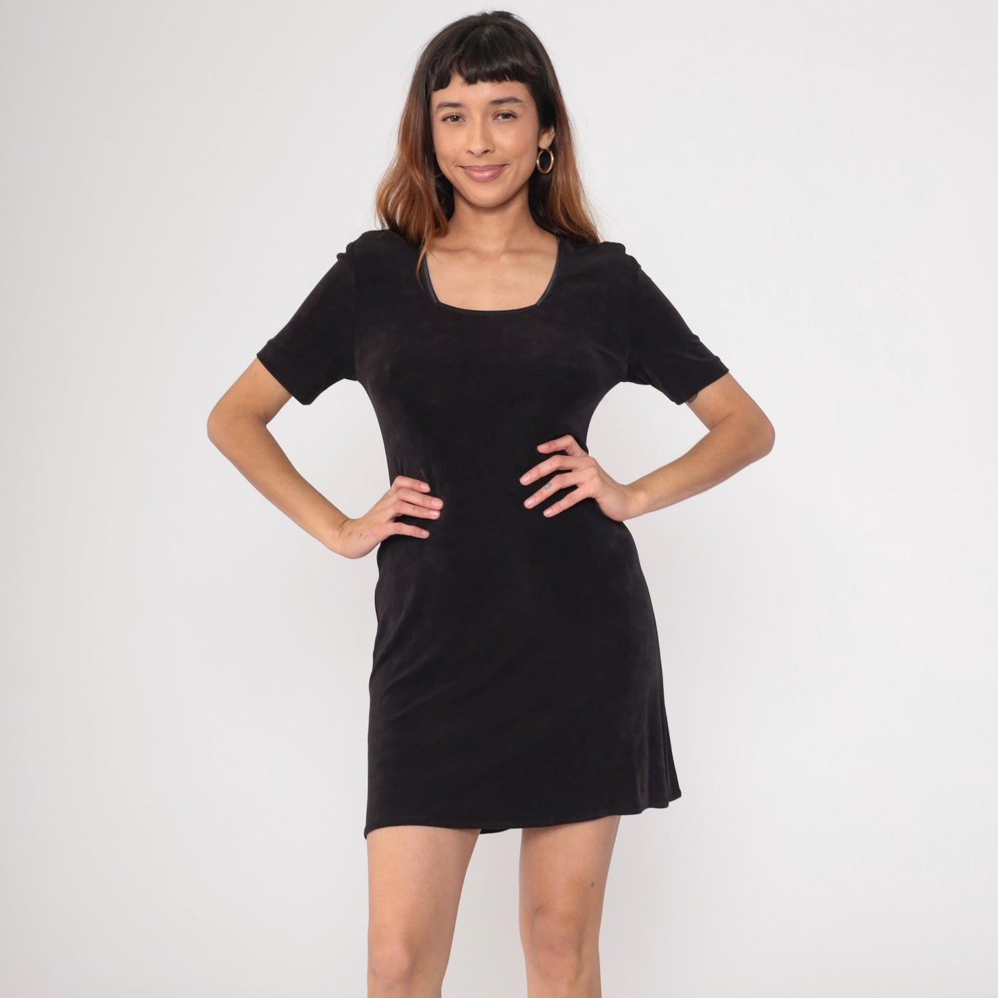 90s Black Mini Dress Rabbit Rabbit Rabbit Scoop Neckline Short Sleeve Medium