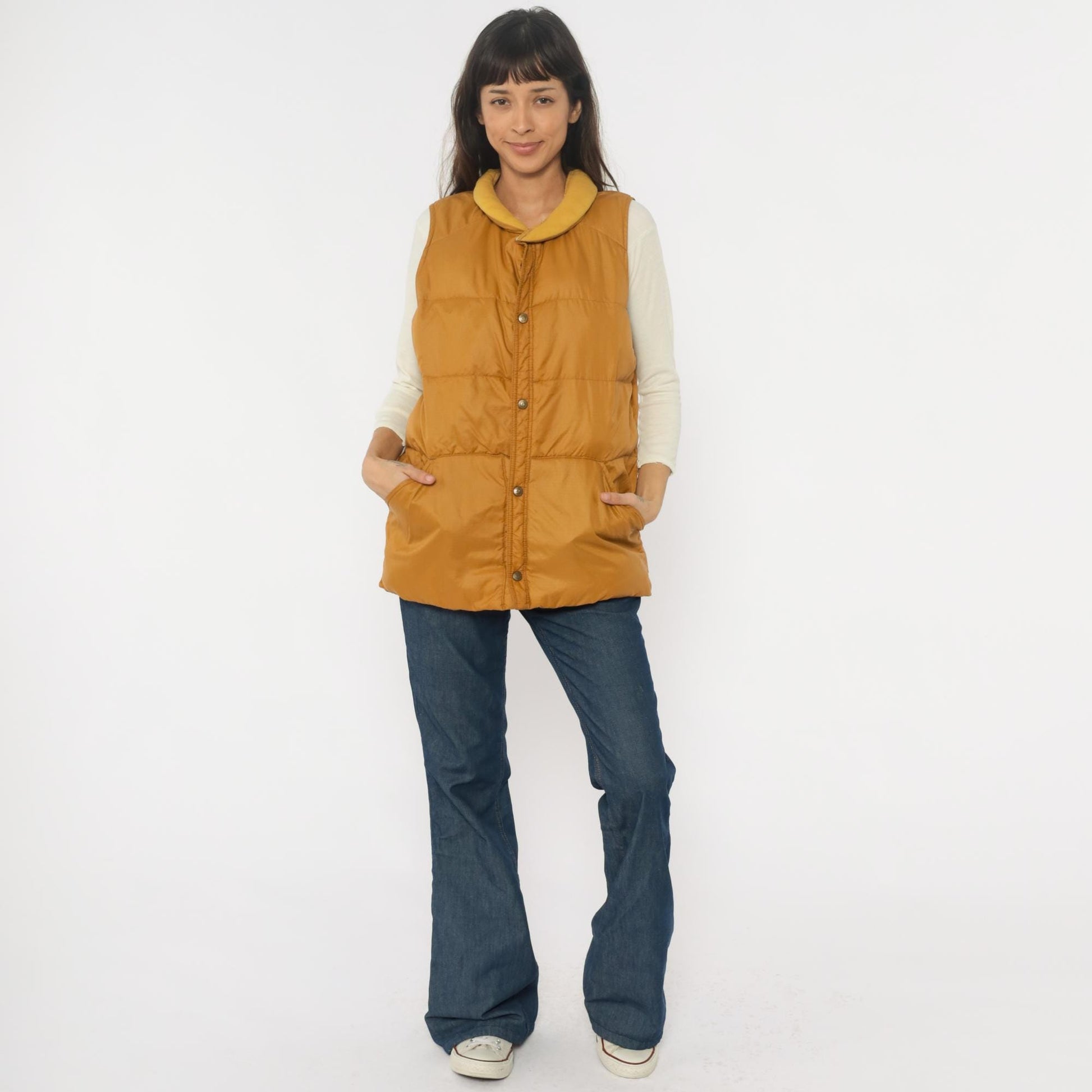 80s Eddie Bauer Down Vest Mustard Yellow Quilted Snap Front Large L
