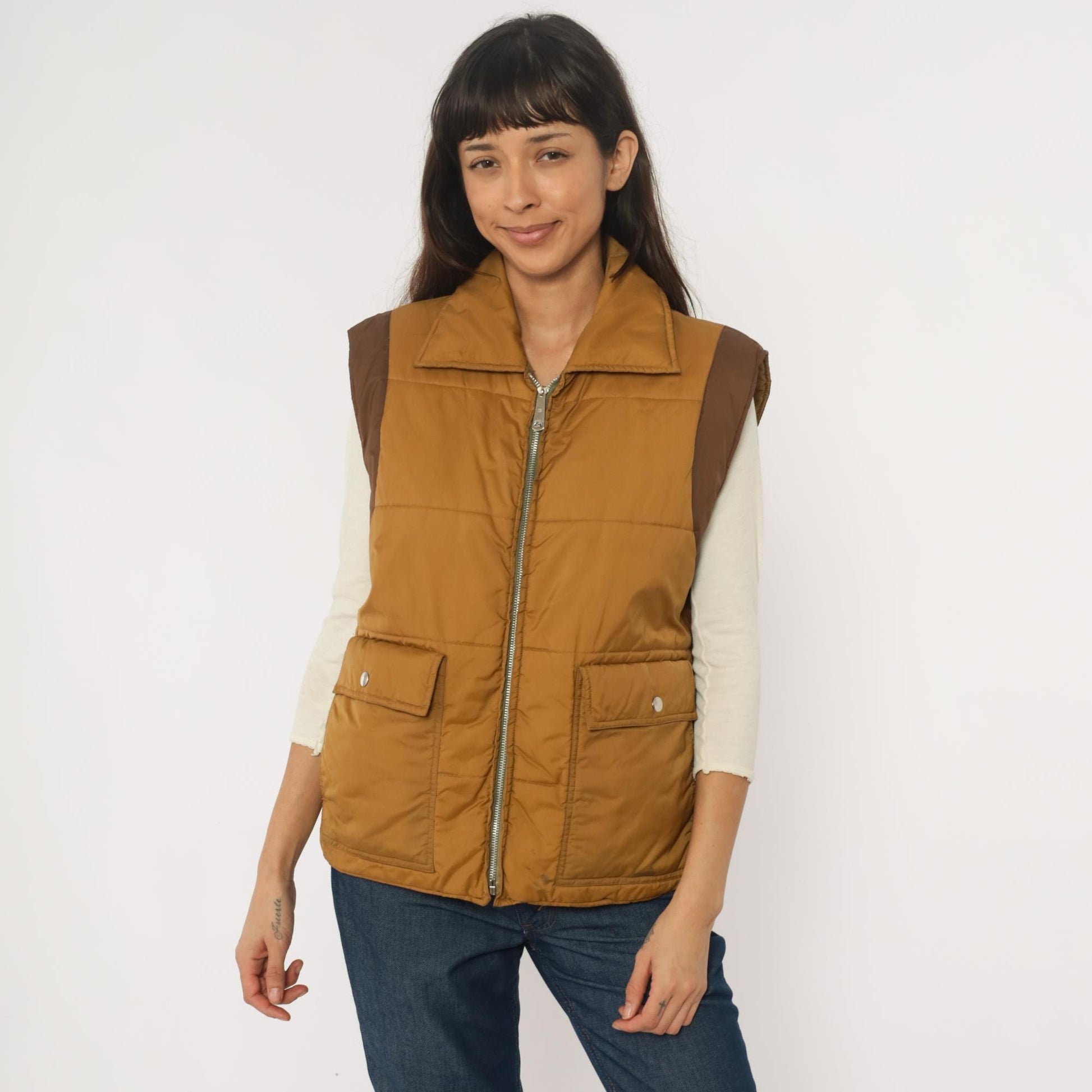 80s Mustard Brown Quilted Puffer Vest Nylon Zip Front Medium