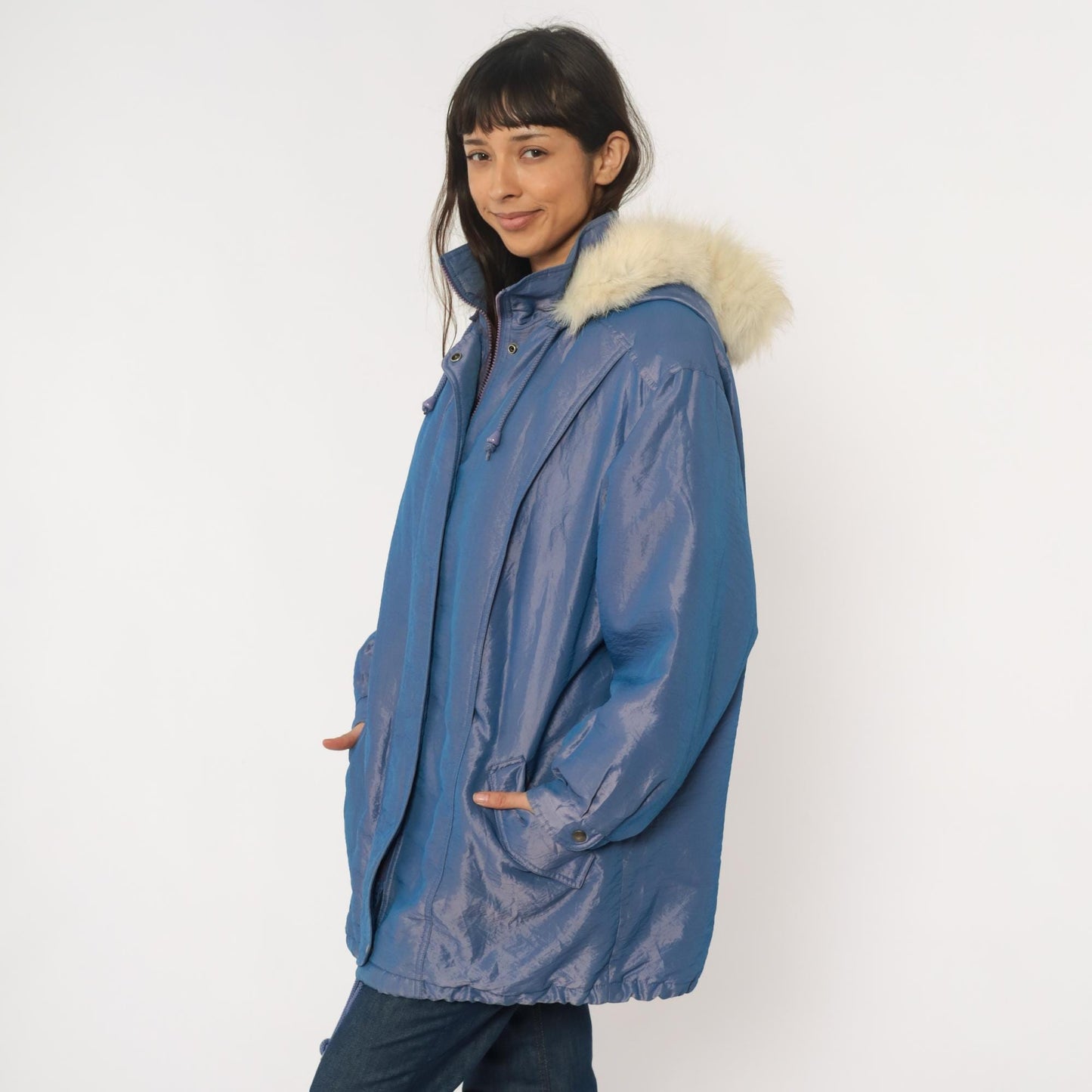 80s Periwinkle Iridescent Puffer Jacket Fur Trim Hood Windbreaker Large L