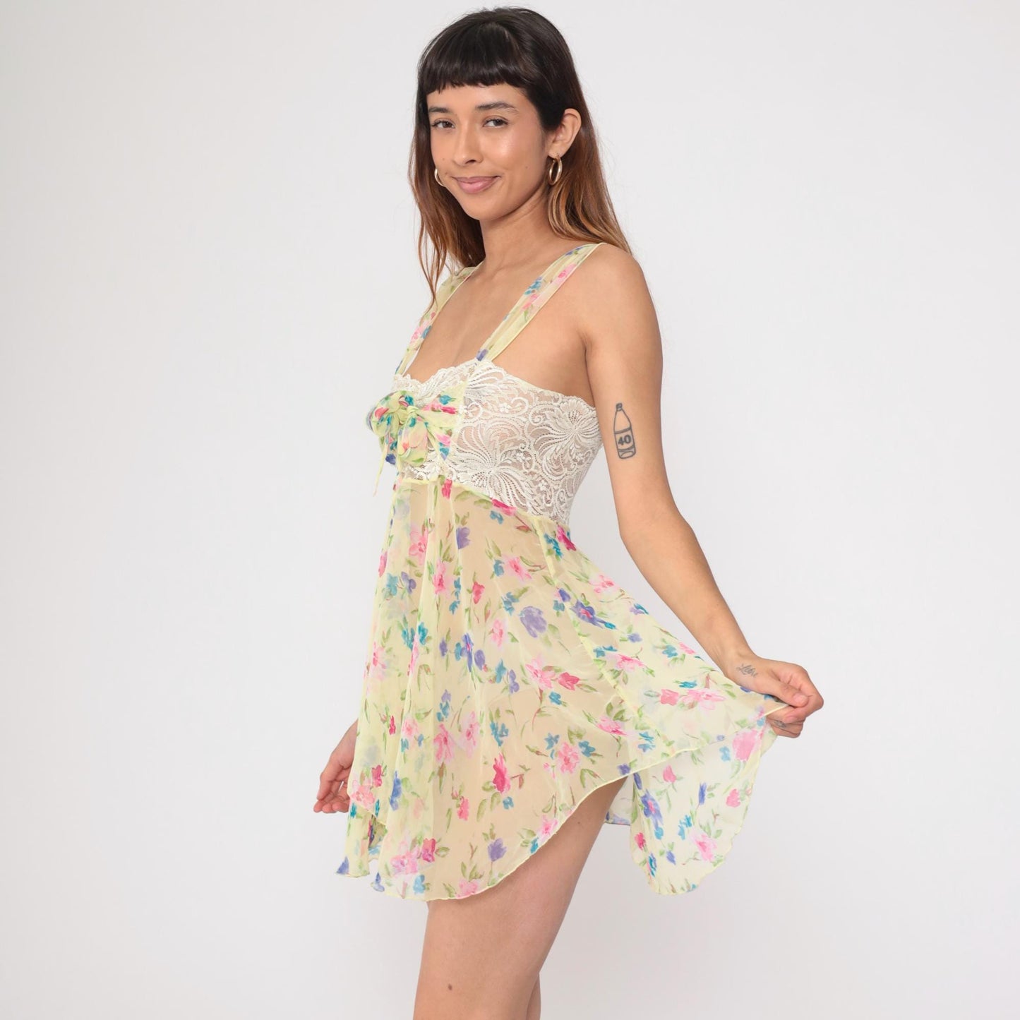 Y2K Victoria's Secret Floral Babydoll Mini Dress Pastel Lace Bow Small