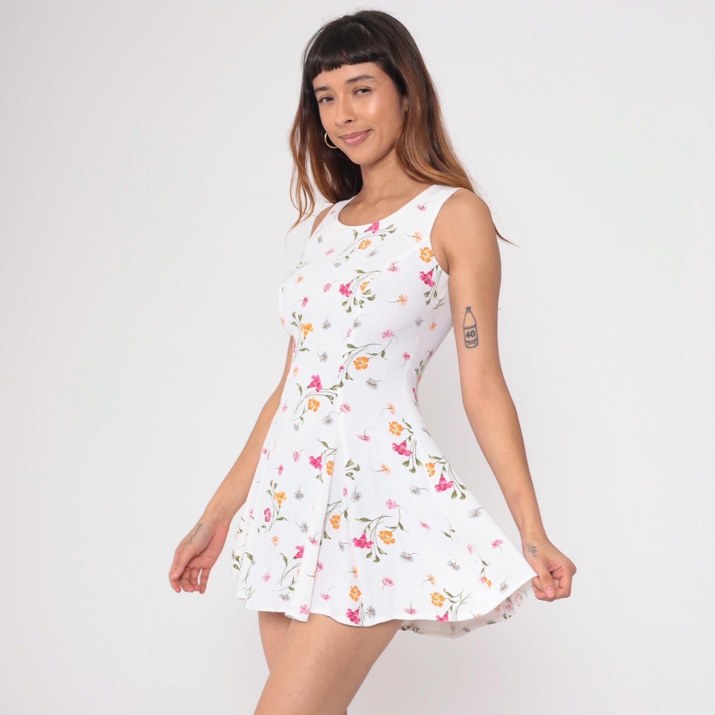 90s Benson and Smith Floral Mini Dress White Pink Orange Small