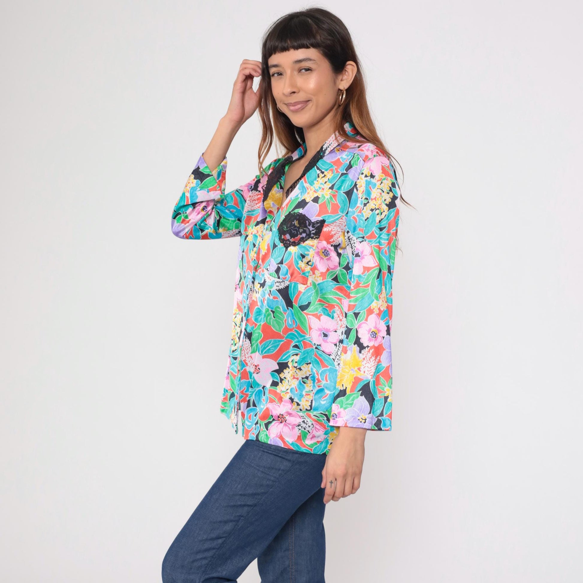 80s Vanity Fair Tropical Floral Button-Up Blouse Pink Purple Turquoise Medium
