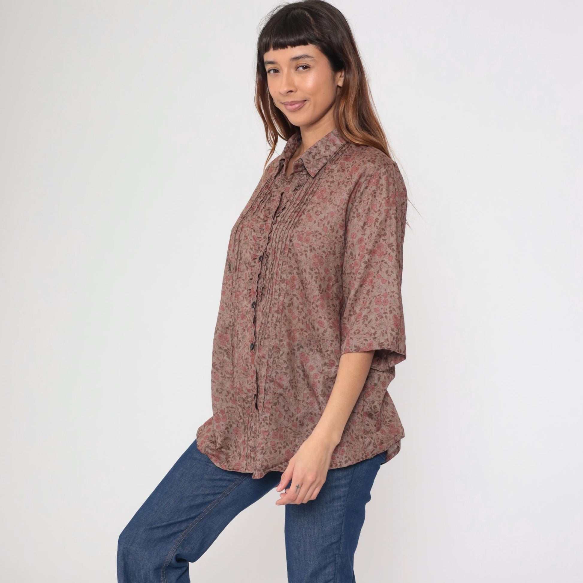 Y2K Sheryll Ellein Floral Button-Up Blouse Pintuck 3/4 Sleeve Beige Extra Large XXL