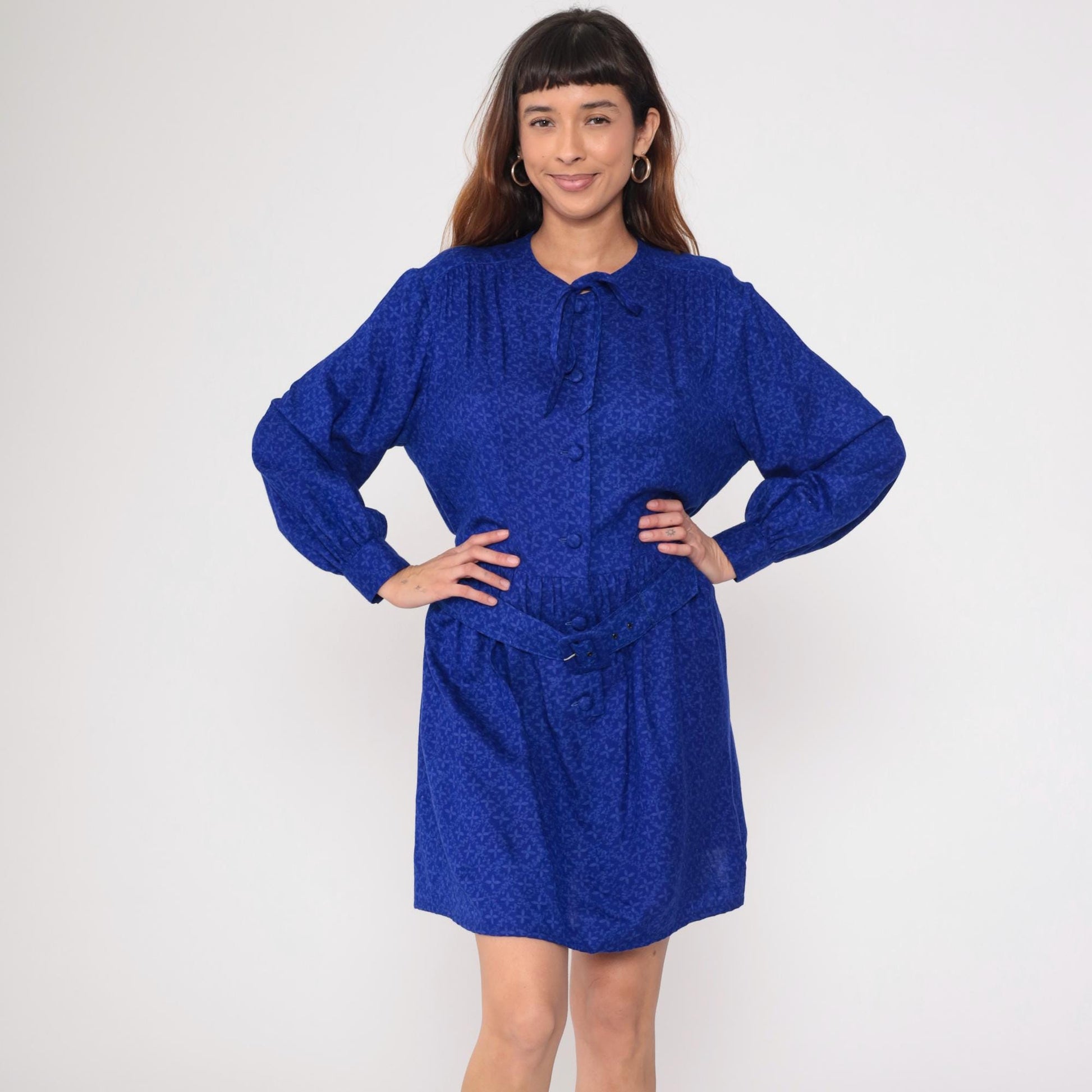 90s Royal Blue Tie Neck Shirt Dress Belted Waist Long Sleeve Medium