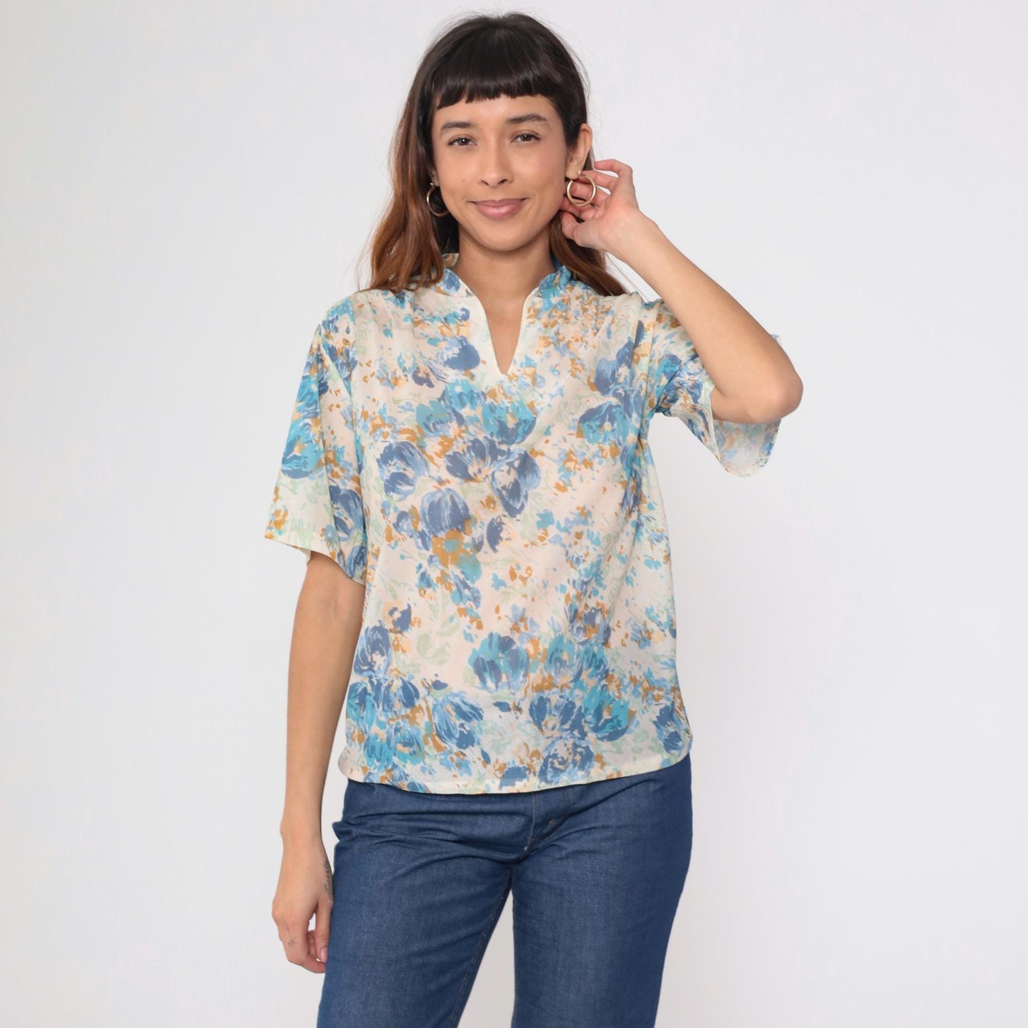 70s Floral Blouse Watercolor Print Blue Cream Sage Mandarin Collar Medium M