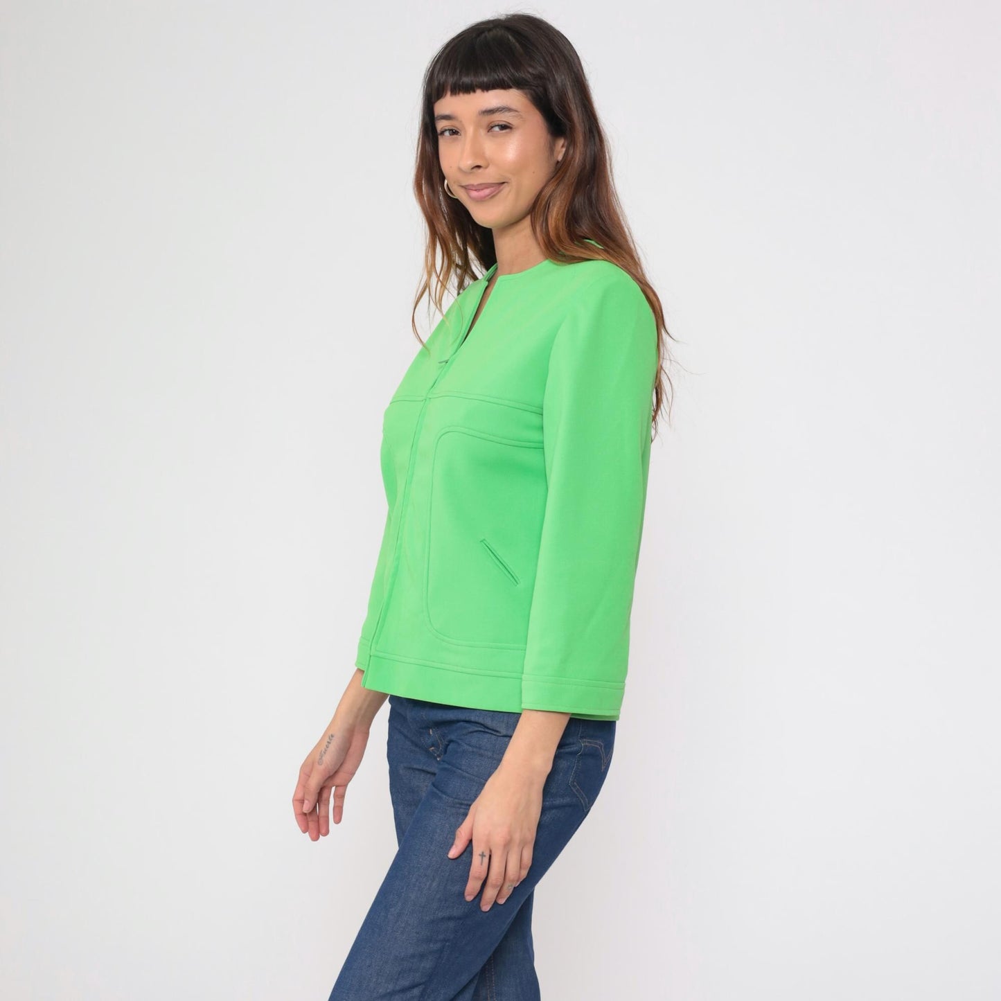 70s Lime Green Zip-Front Jacket Collarless Mod Blazer Medium M