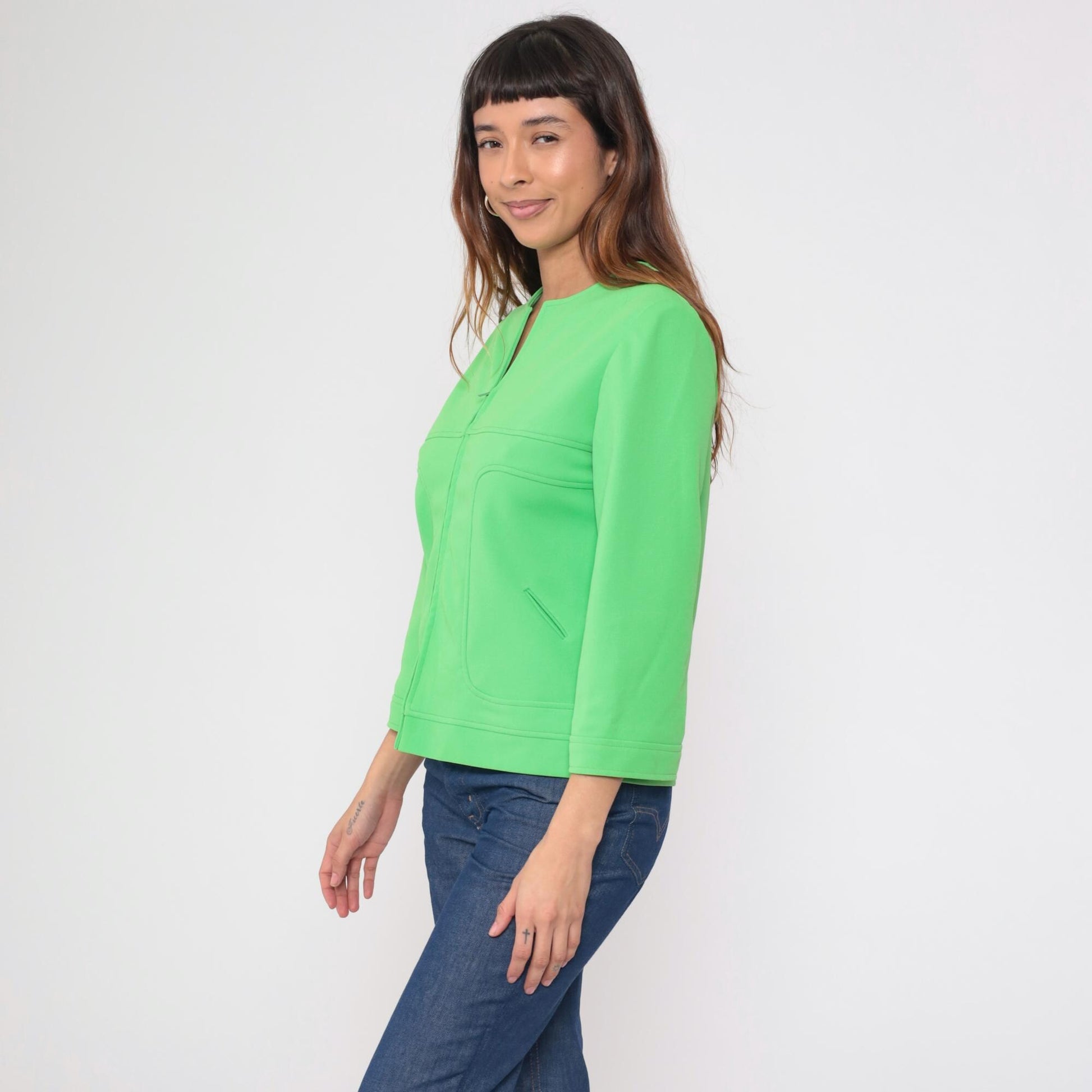 70s Lime Green Zip-Front Jacket Collarless Mod Blazer Medium M
